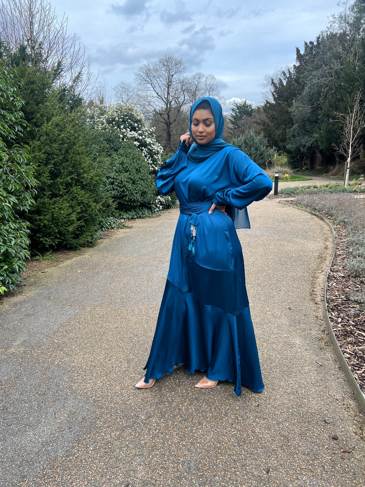 Alisha Asymmetric Satin Abaya in Teal Blue with diamante tassel embellishments