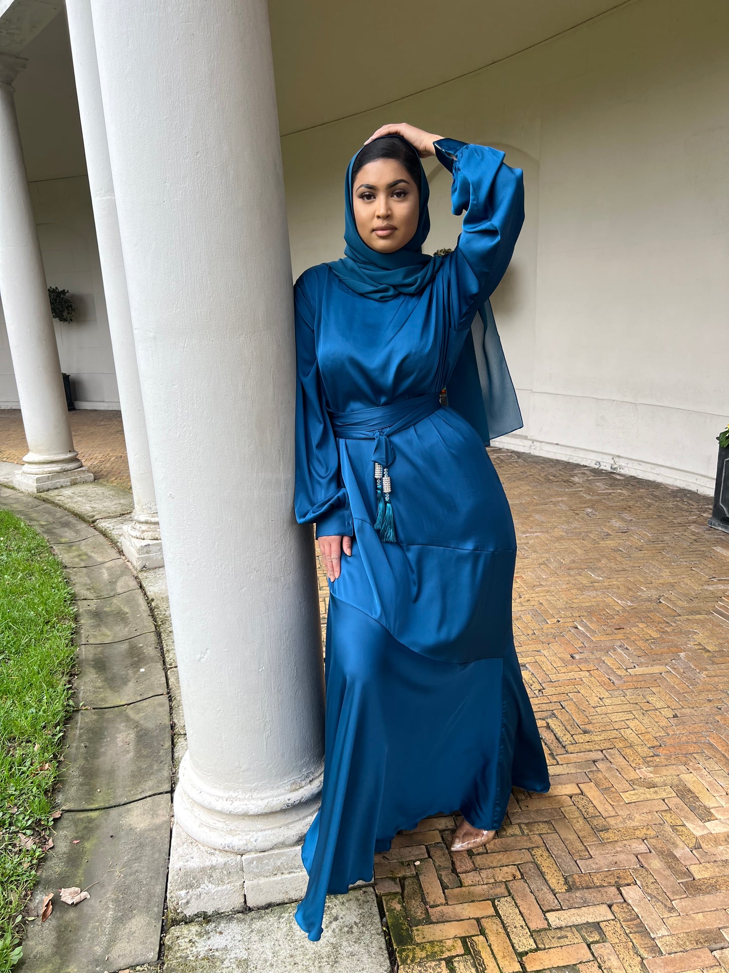 Alisha Asymmetric Satin Abaya in Teal Blue with diamante tassel embellishments