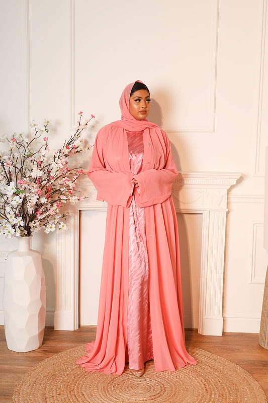 Reem Chiffon Open Jacket Abaya with jacquard inner in Pink  -  3 piece set
