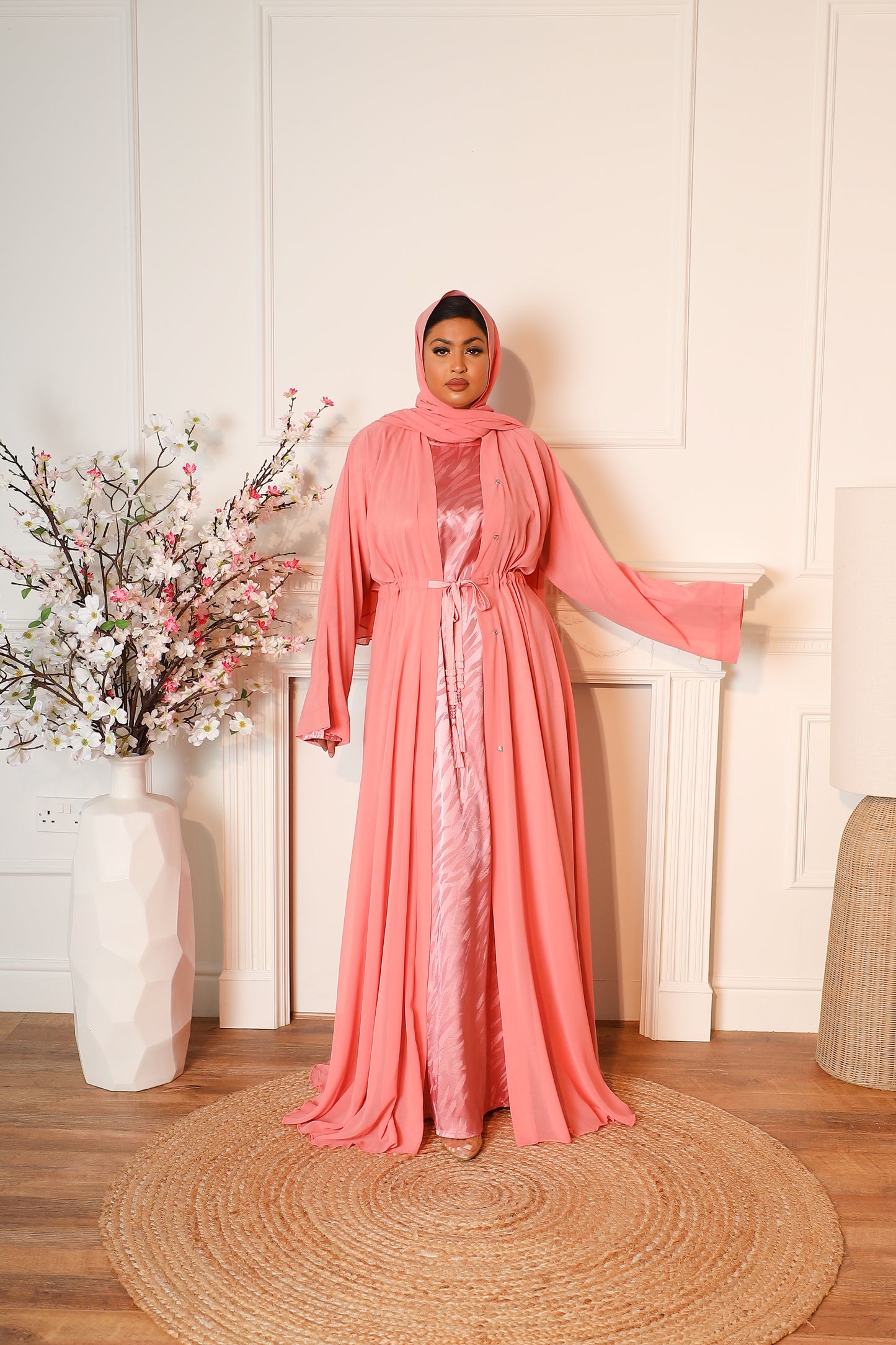 Reem Chiffon Open Jacket Abaya with jacquard inner in Pink - 3 piece set