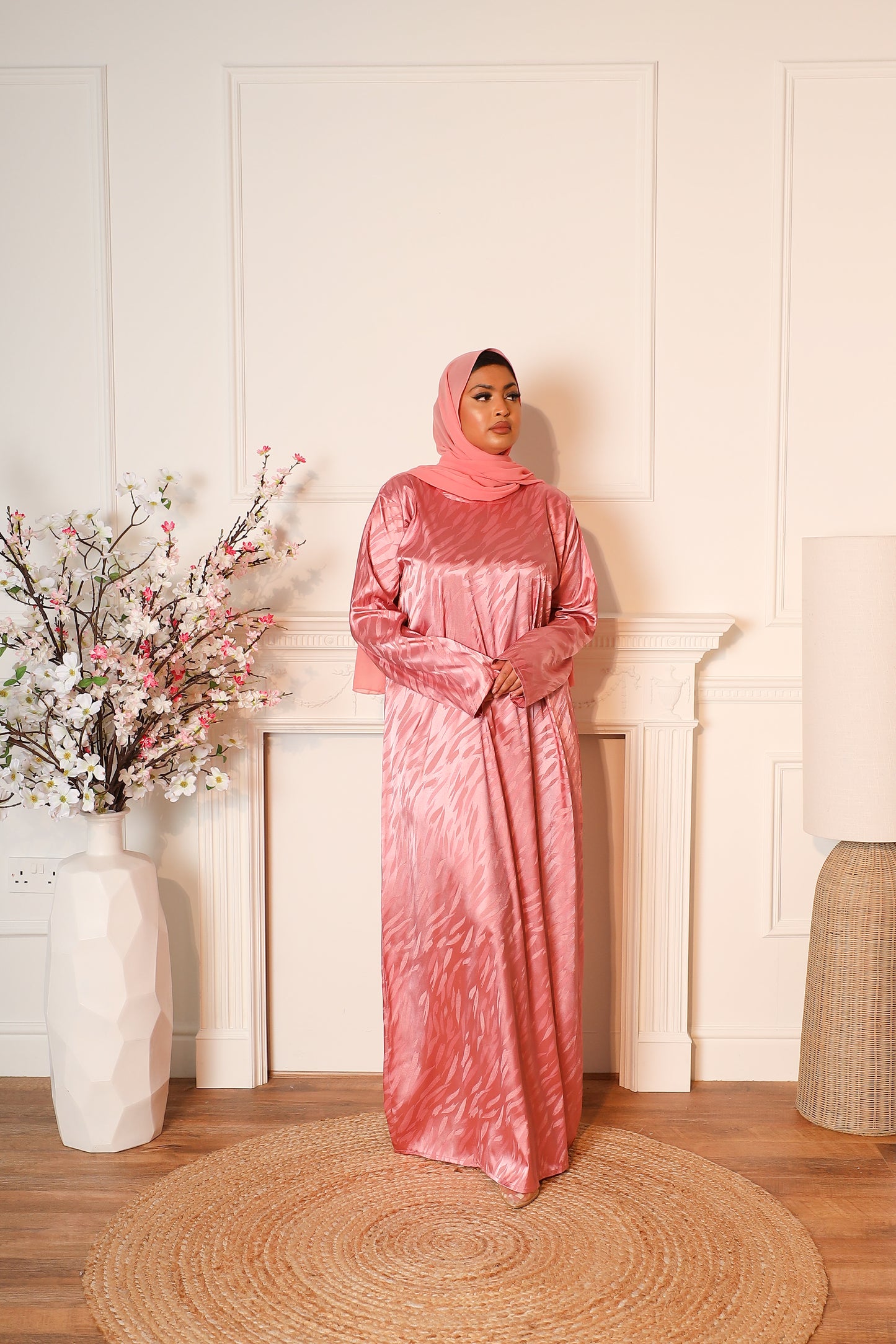Reem Chiffon Open Jacket Abaya with jacquard inner in Pink - 3 piece set