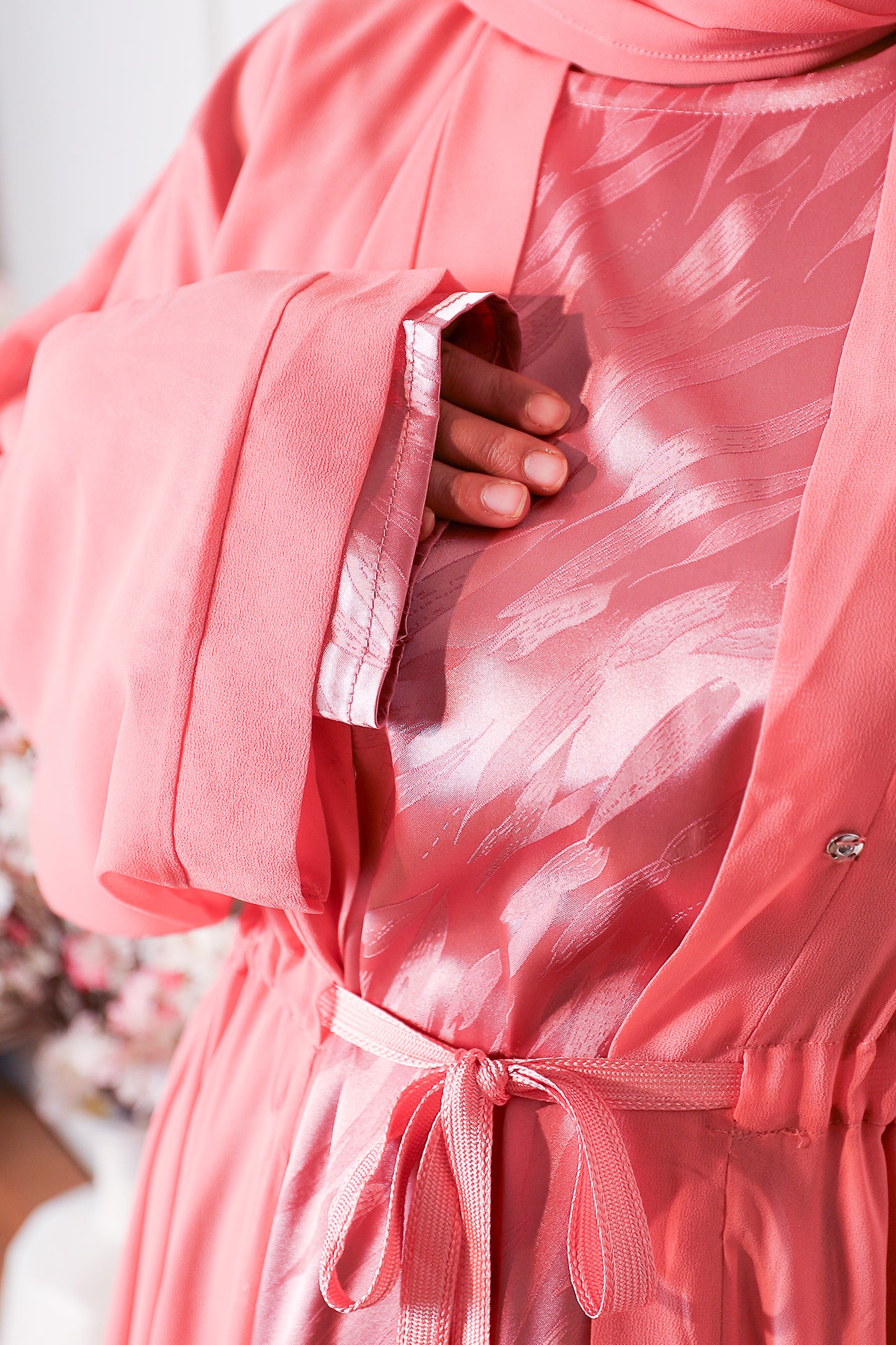 Reem Chiffon Open Jacket Abaya with jacquard inner in Pink - 3 piece set