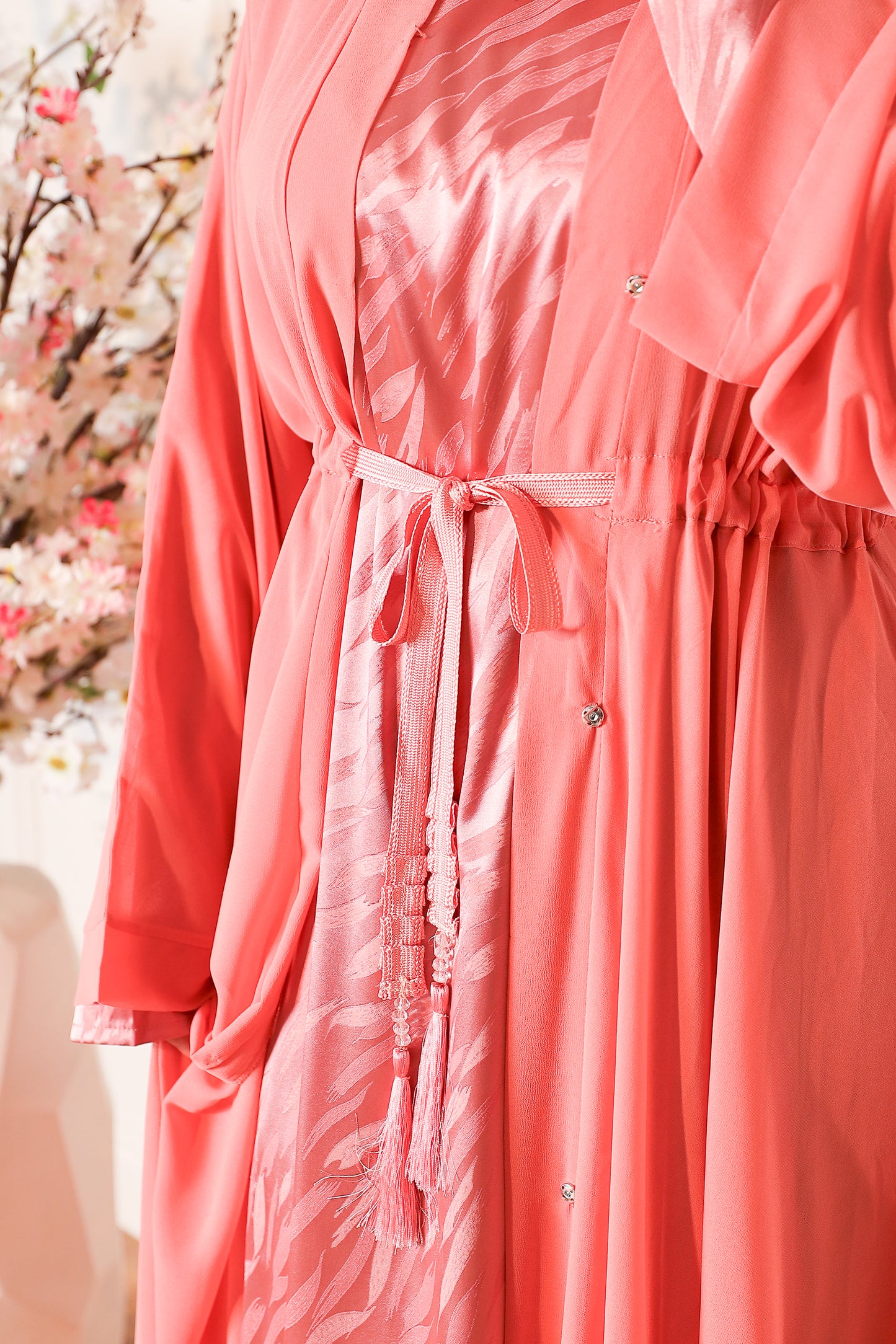 Reem Chiffon Open Jacket Abaya with jacquard inner in Pink - 3 piece set