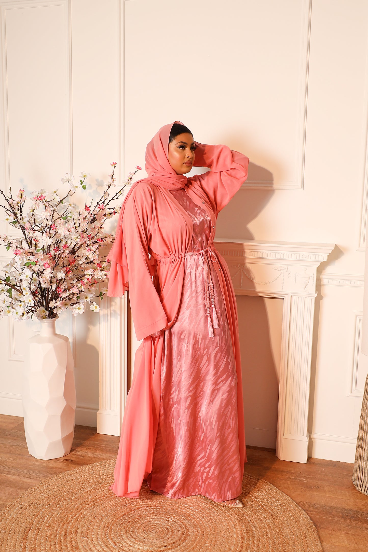 Reem Chiffon Open Jacket Abaya with jacquard inner in Pink - 3 piece set
