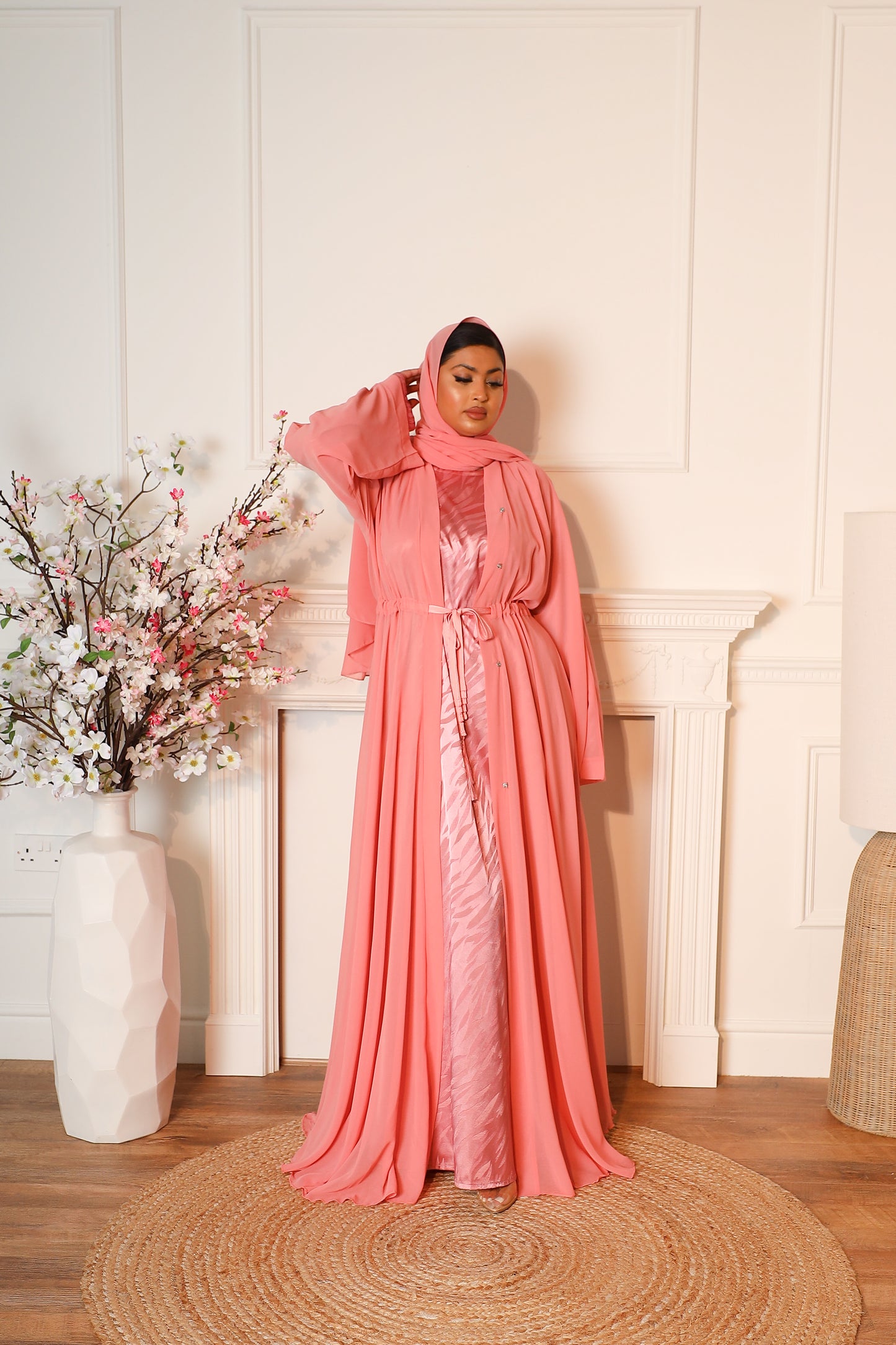 Reem Chiffon Open Jacket Abaya with jacquard inner in Pink - 3 piece set