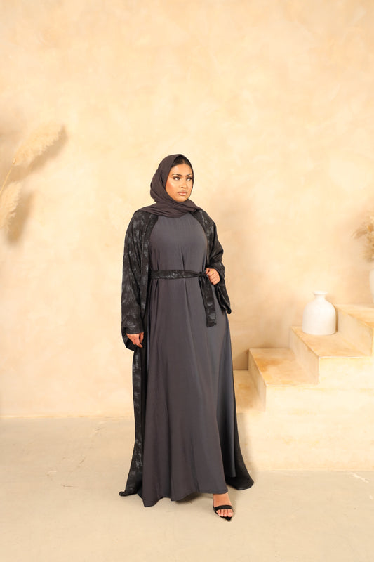Tie dye A-line Open Jacket Abaya in Midnight Black -  4 piece set