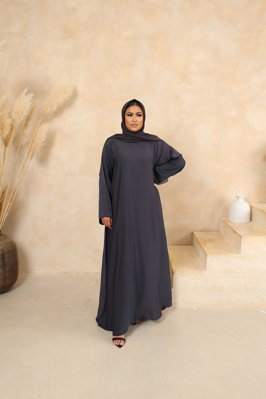 Tie dye A-line Open Jacket Abaya in Midnight Black - 4 piece set