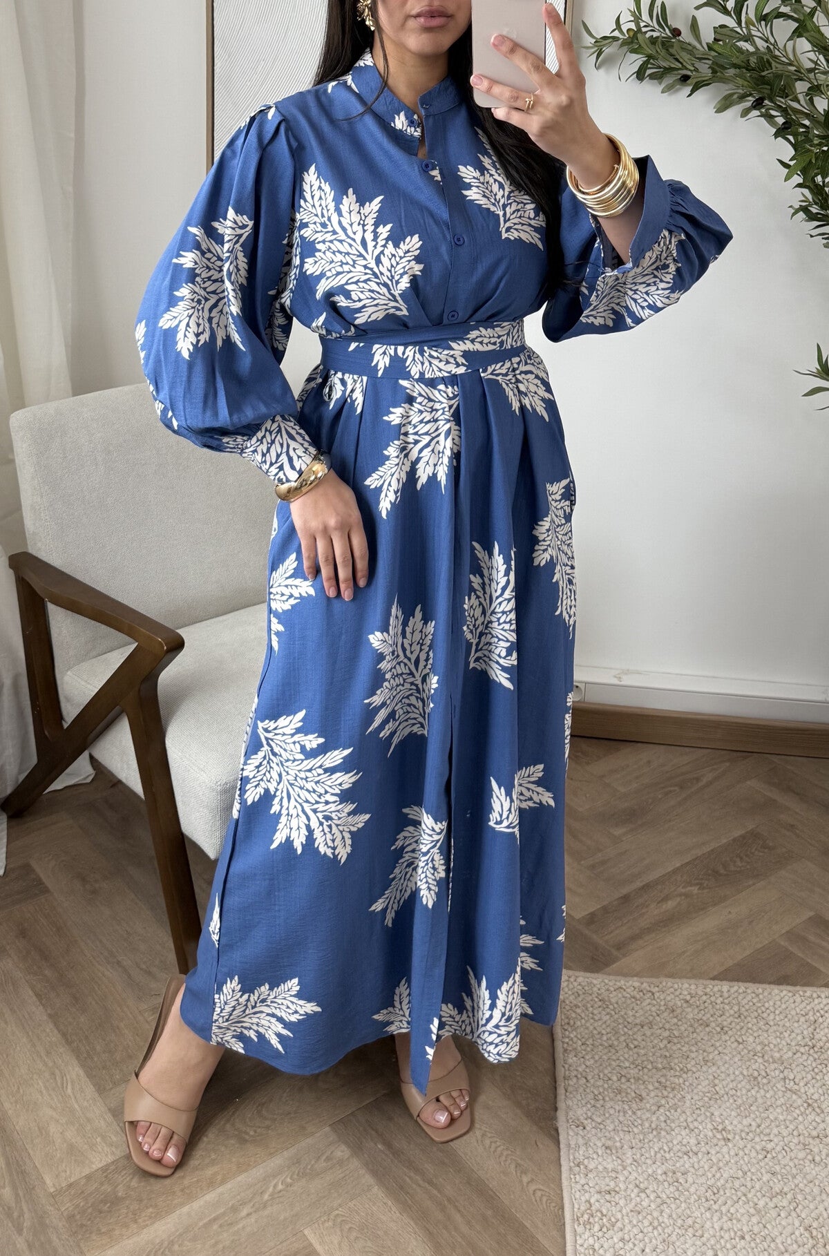 Modest Maxi shirt dress in Cornflower Blue with white florals & Pockets