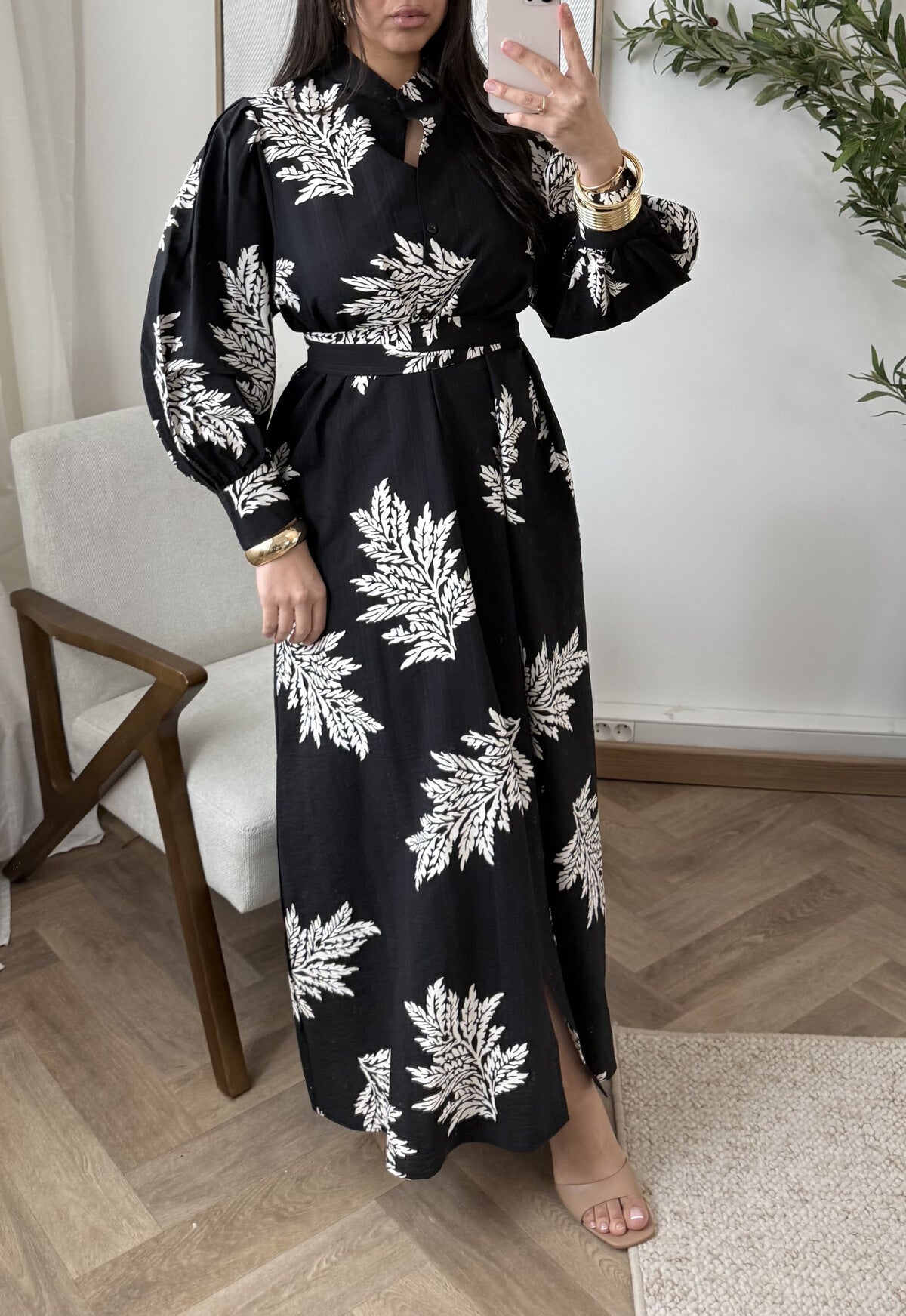Modest Maxi shirt dress in Black with white florals & Pockets