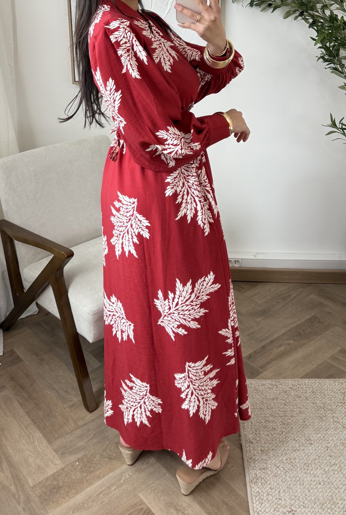Modest Maxi shirt dress in Apple Red with white florals & Pockets