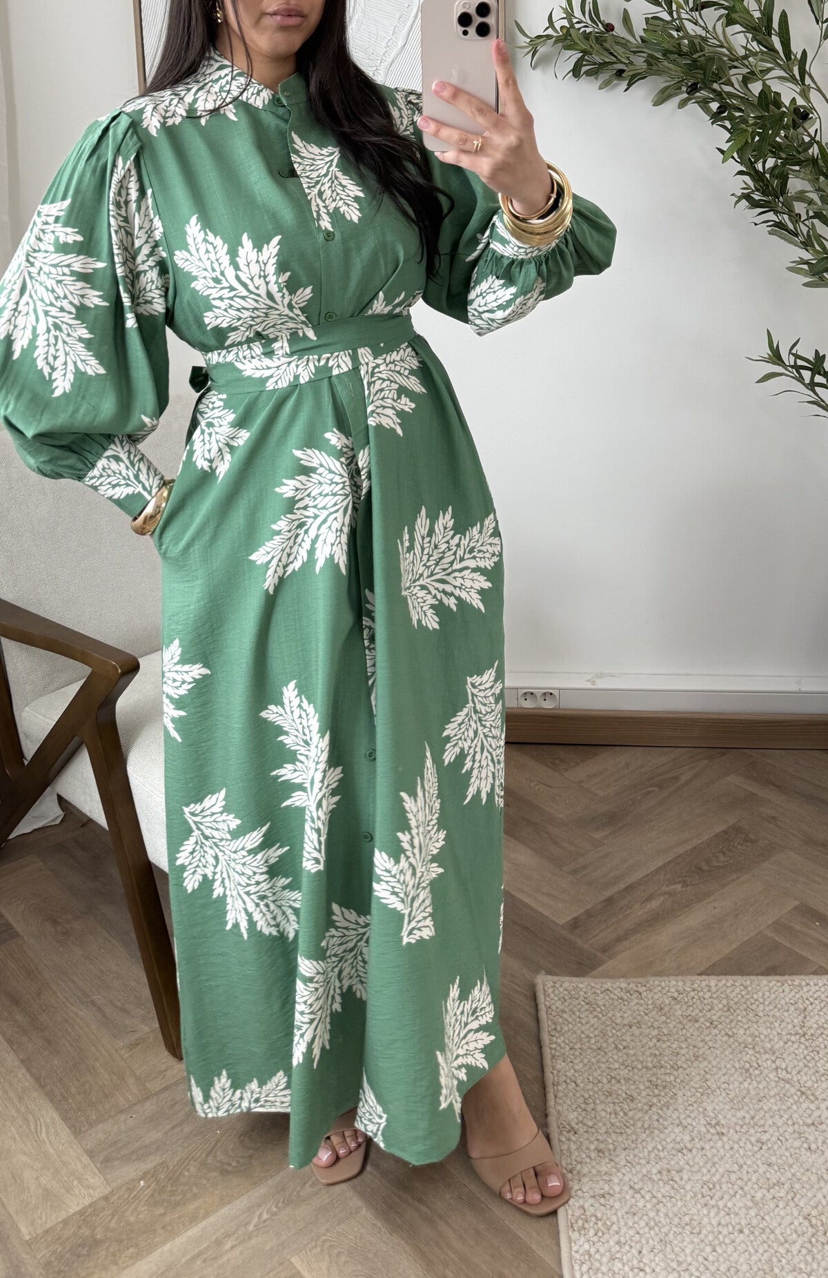 Modest Maxi shirt dress in Meadow Green with white florals & Pockets