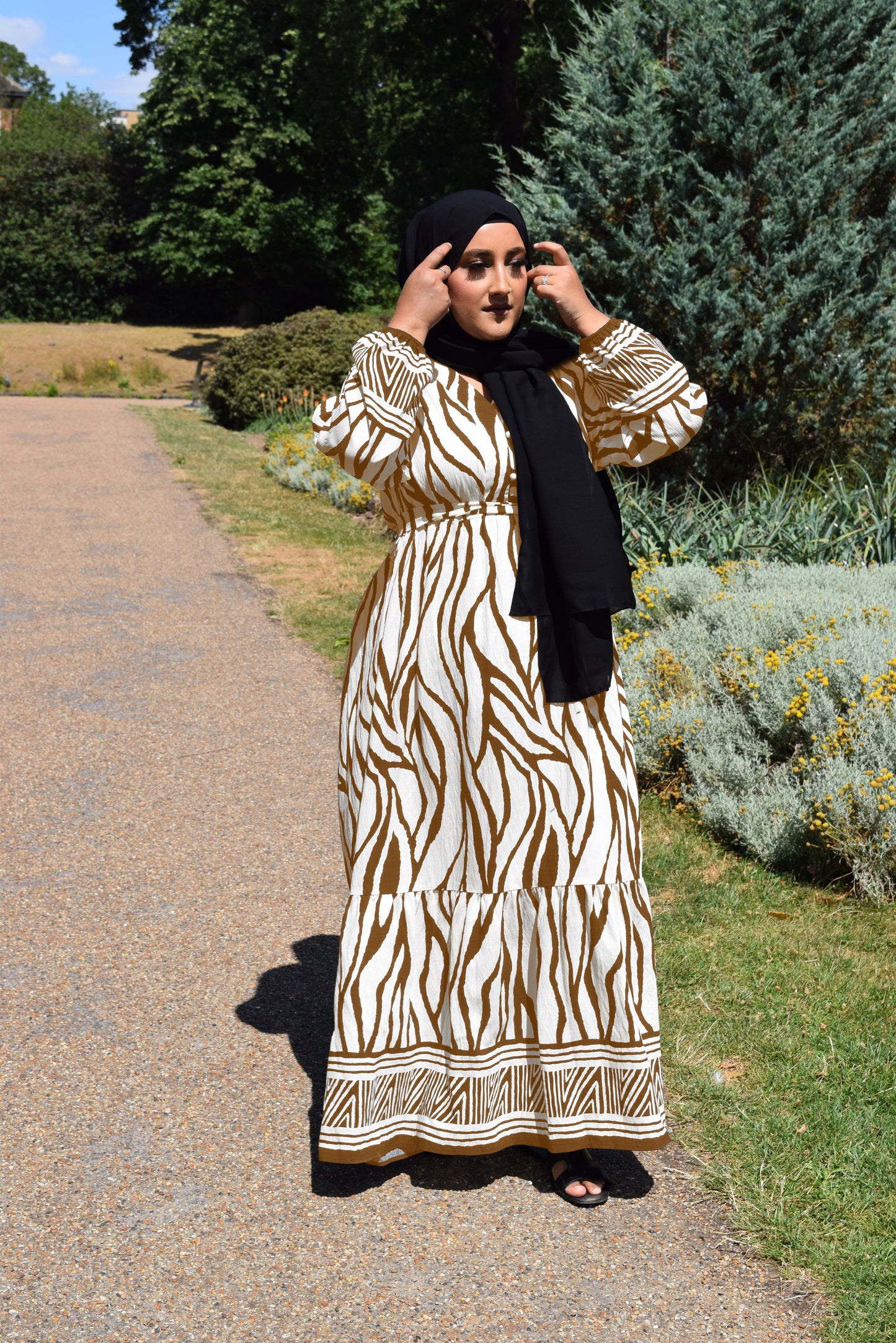 Modest Maxi dress in a tiered Linen Sahara print in Brown