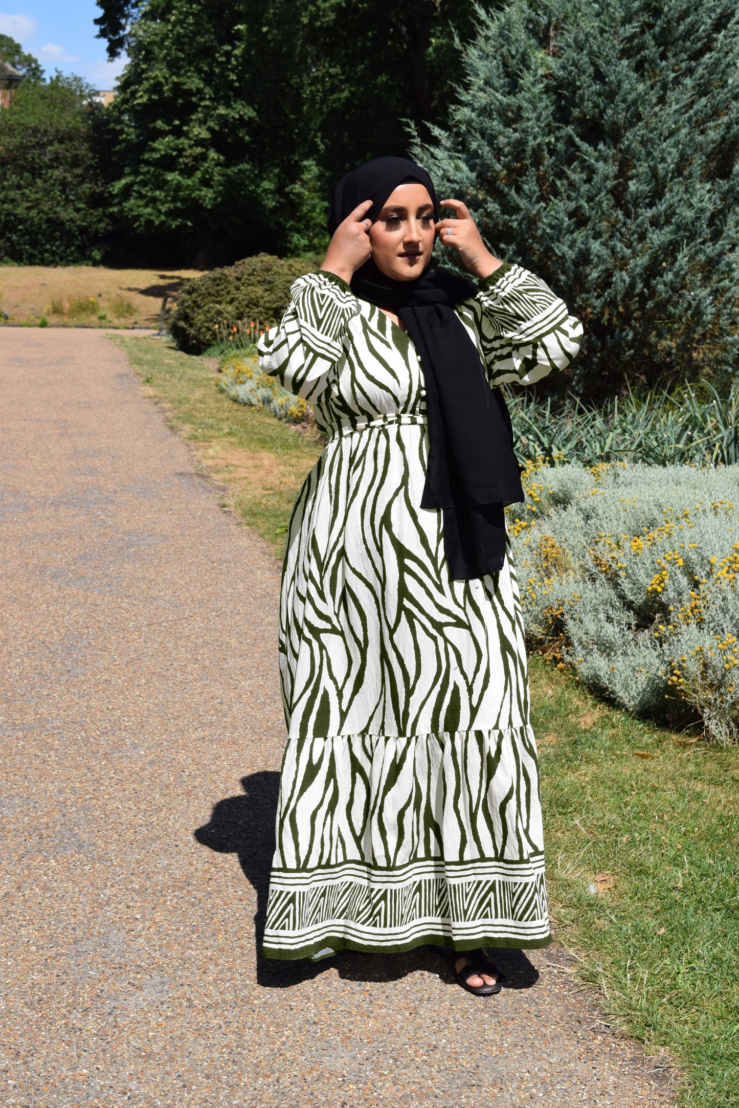 Modest Maxi dress in a tiered Linen Sahara print in Khaki Green