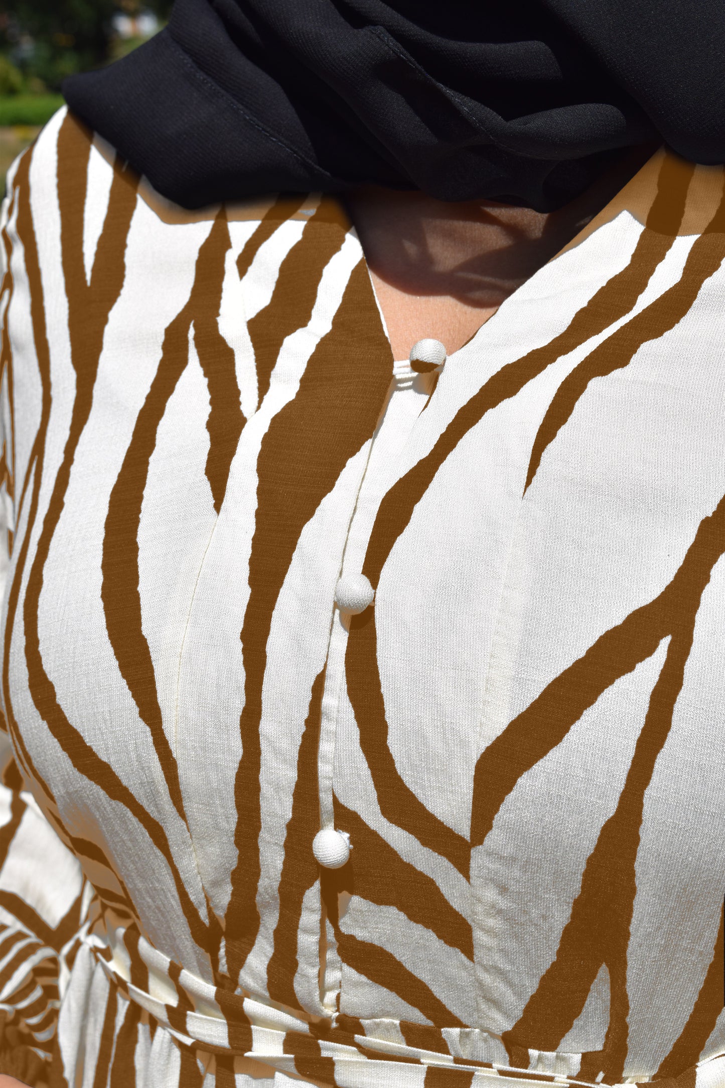 Modest Maxi dress in a tiered Linen Sahara print in Brown