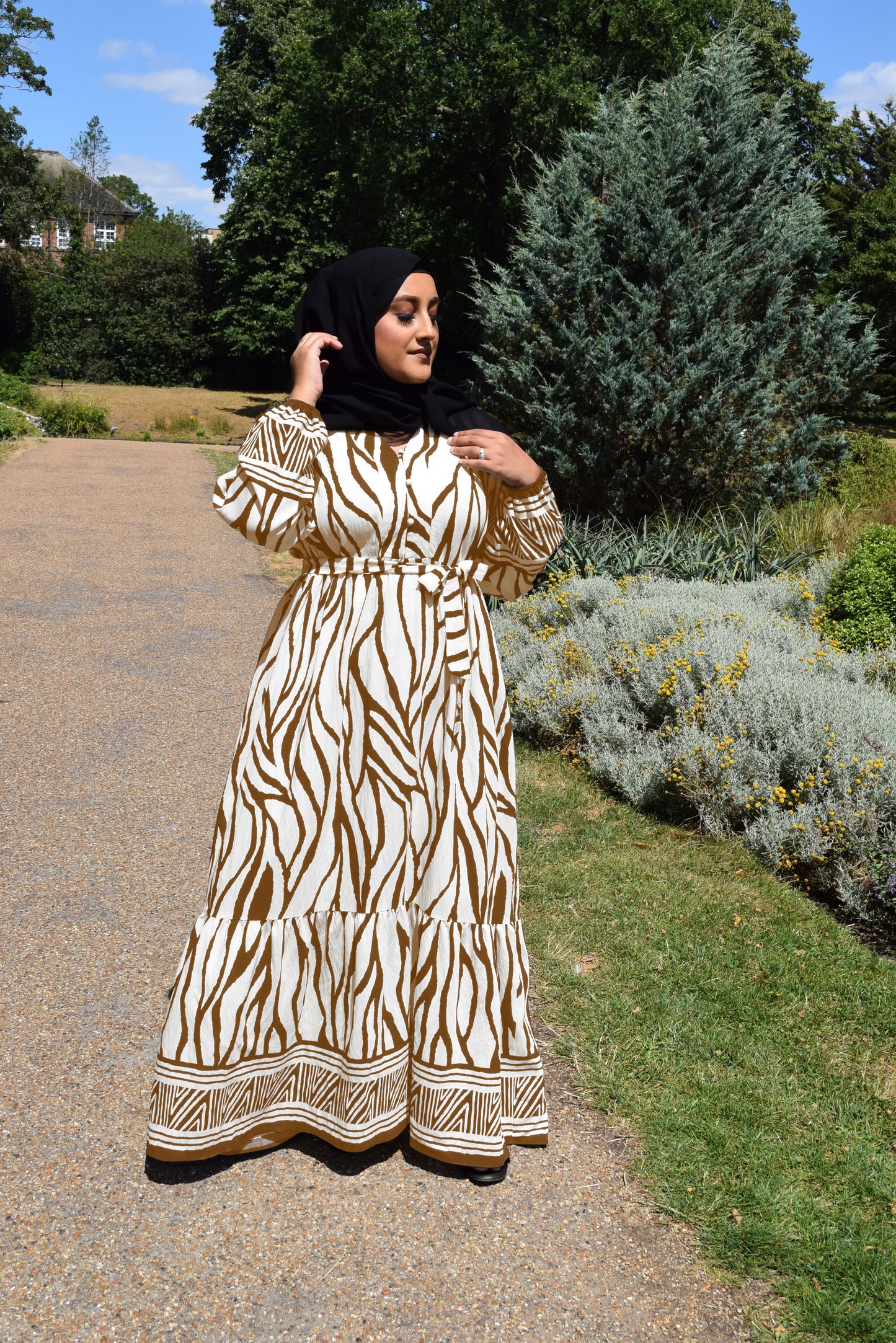 Modest Maxi dress in a tiered Linen Sahara print in Brown