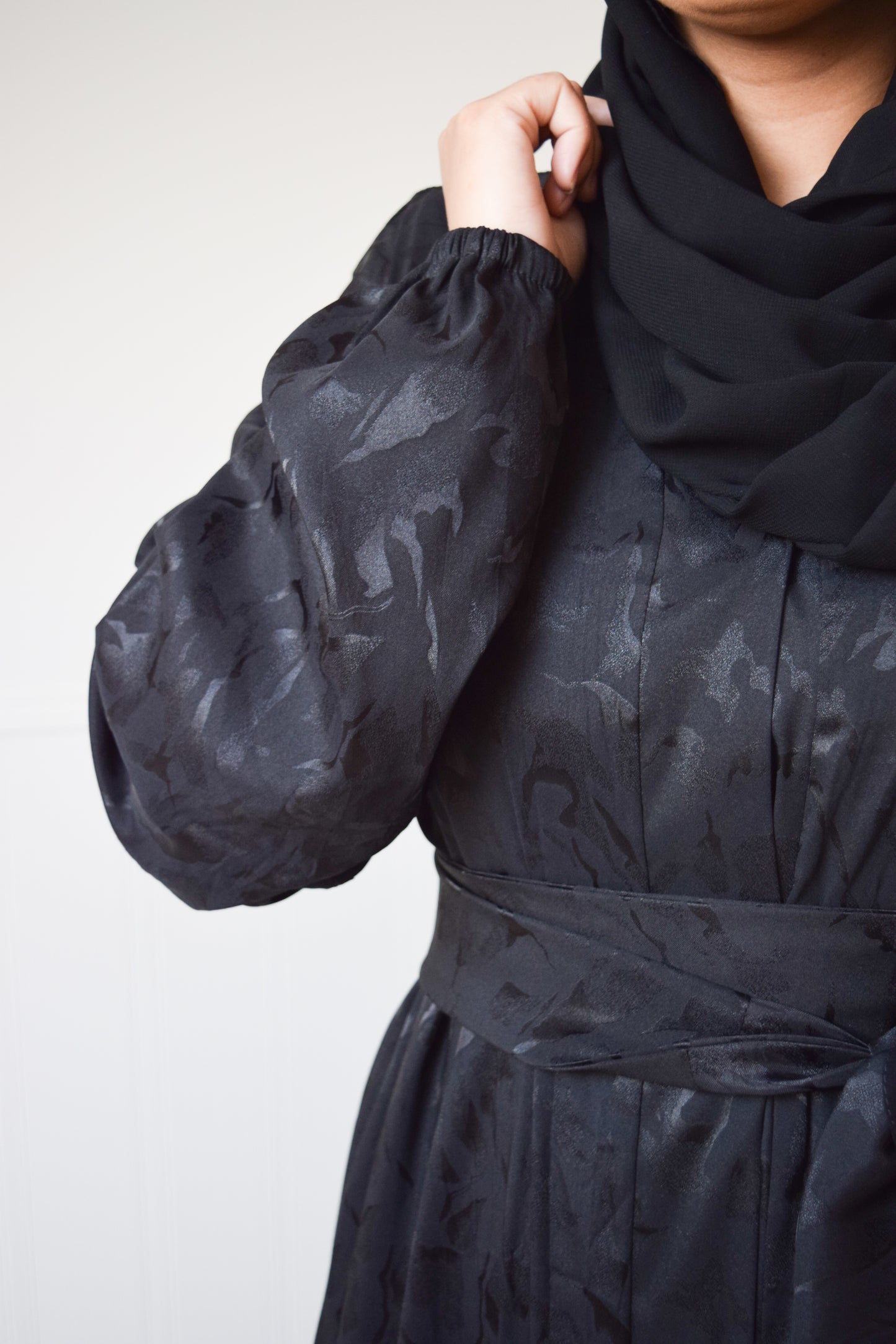 Black Jacquard Open Flare Abaya Jacket