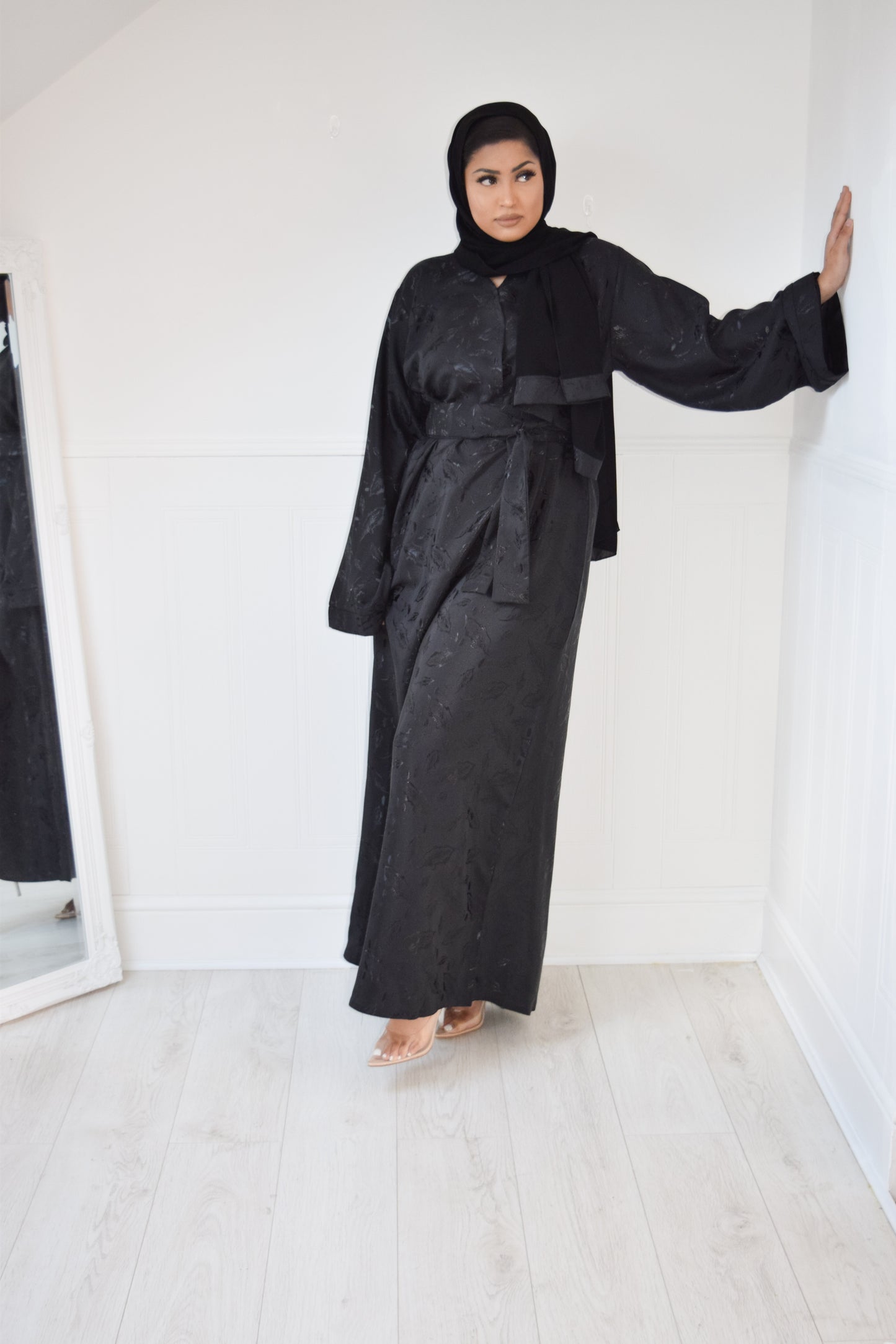 Amalia Black Jacquard Kimono Sleeve A-line Abaya