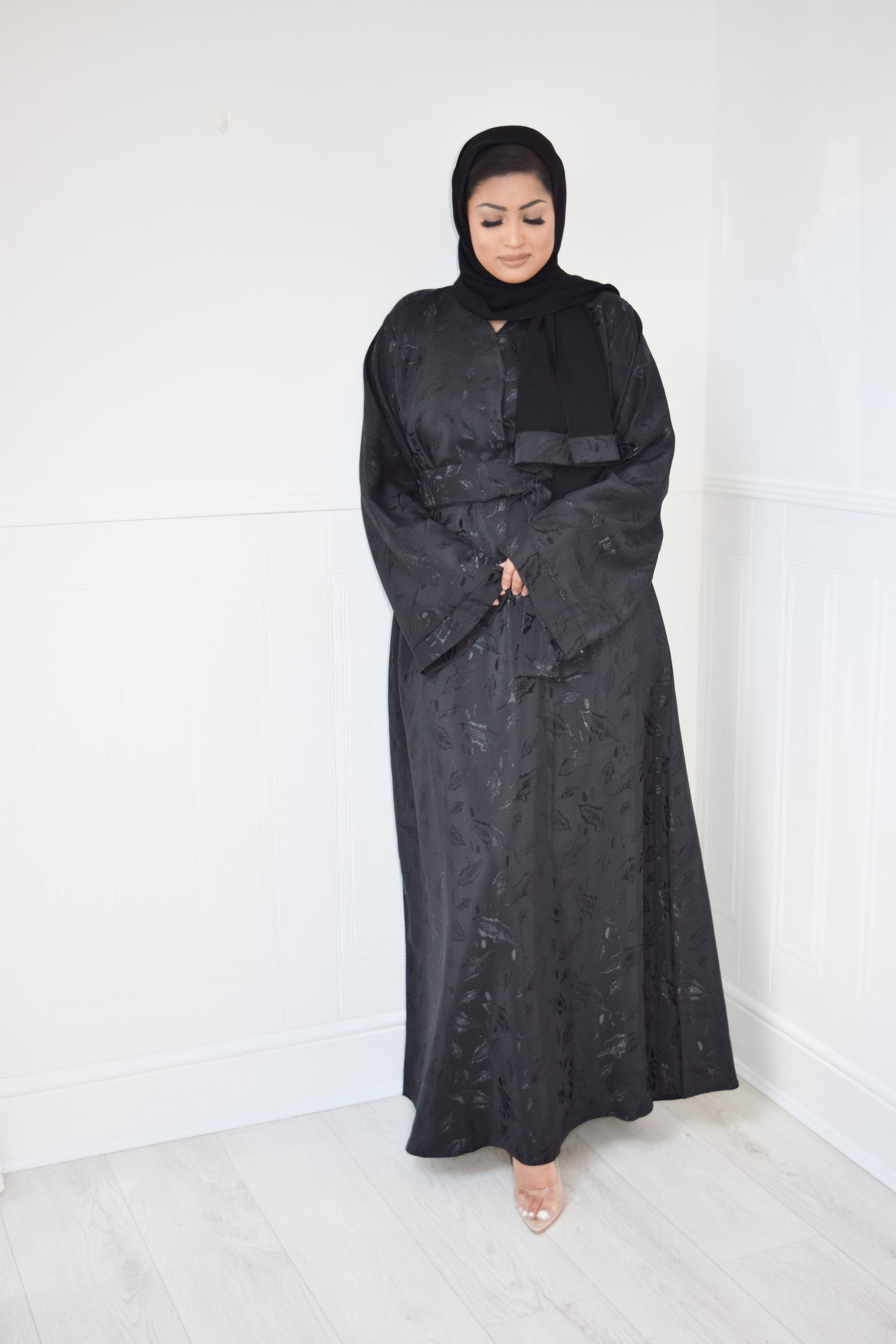 Amalia Black Jacquard Kimono Sleeve A-line Abaya