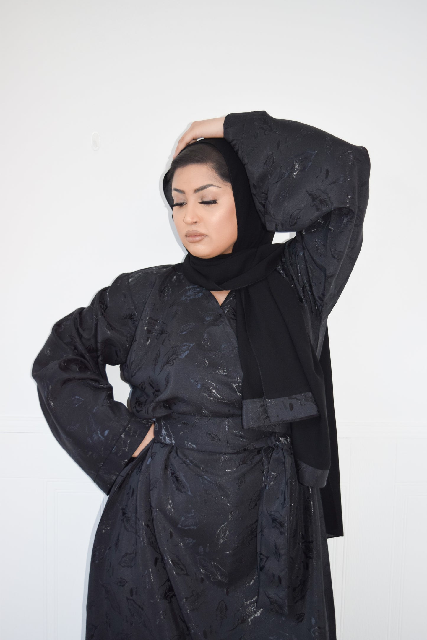 Amalia Black Jacquard Kimono Sleeve A-line Abaya