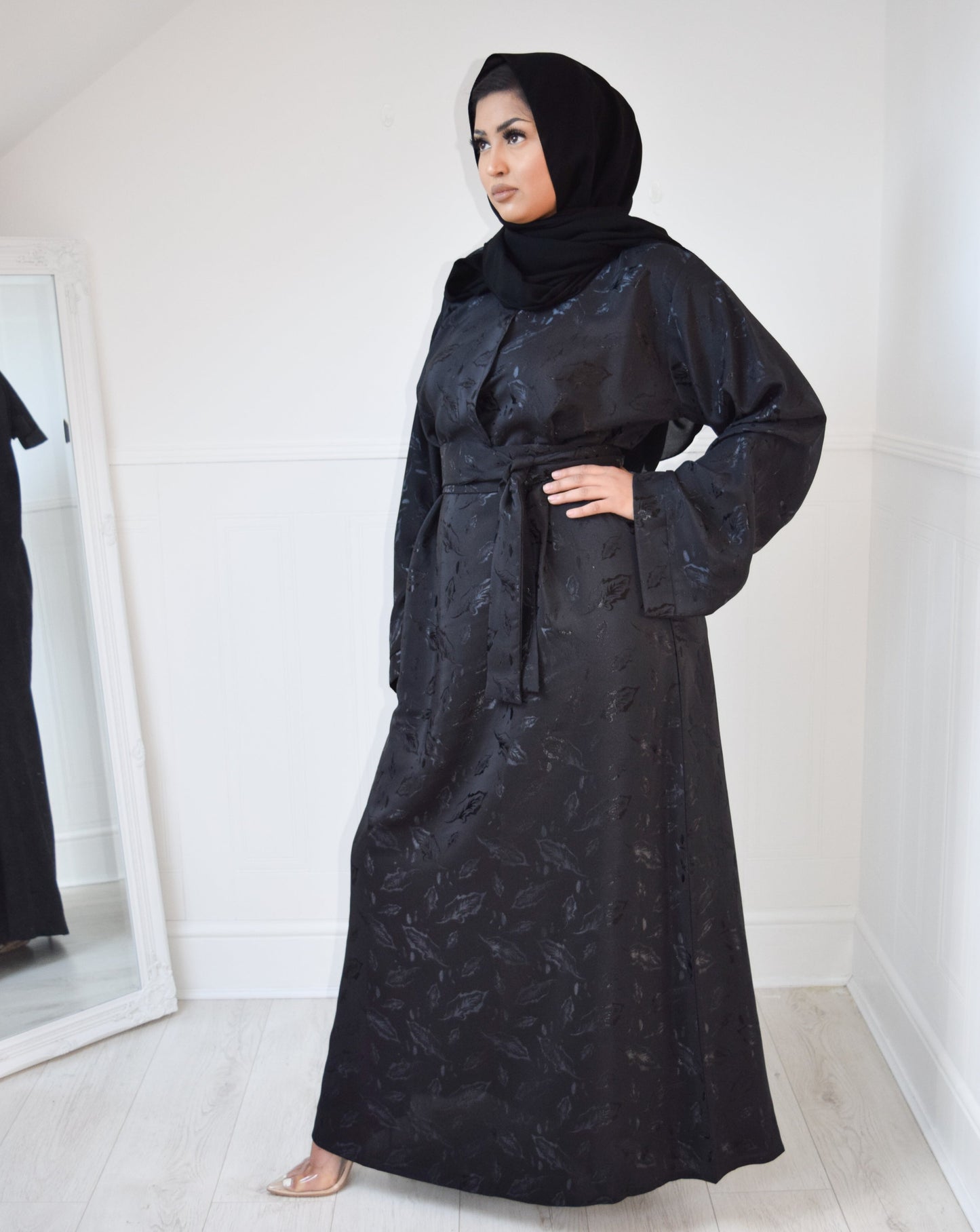 Amalia Black Jacquard Kimono Sleeve A-line Abaya