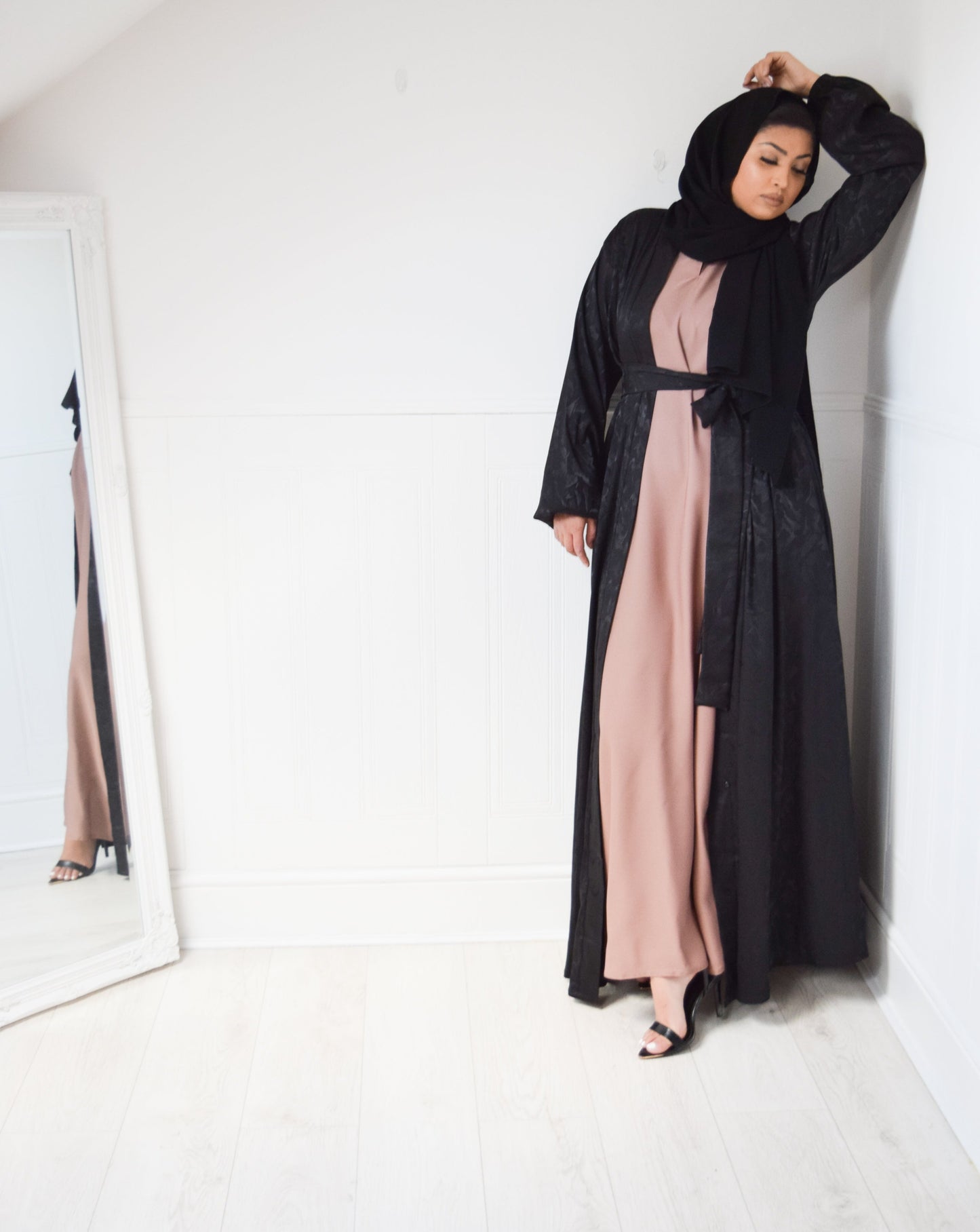 Black Jacquard Open Flare Abaya Jacket