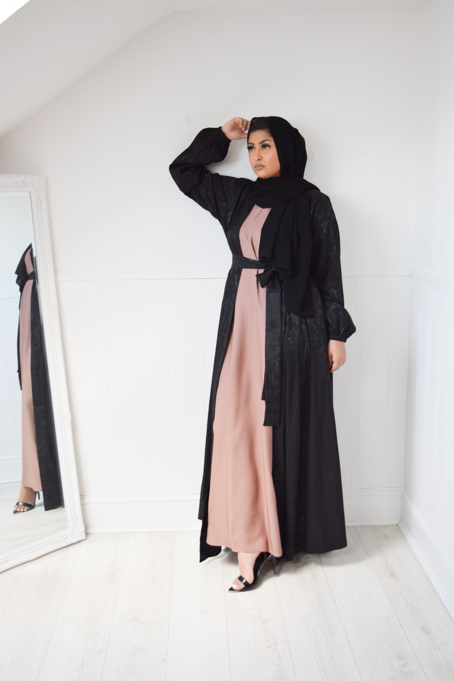 Black Jacquard Open Flare Abaya Jacket