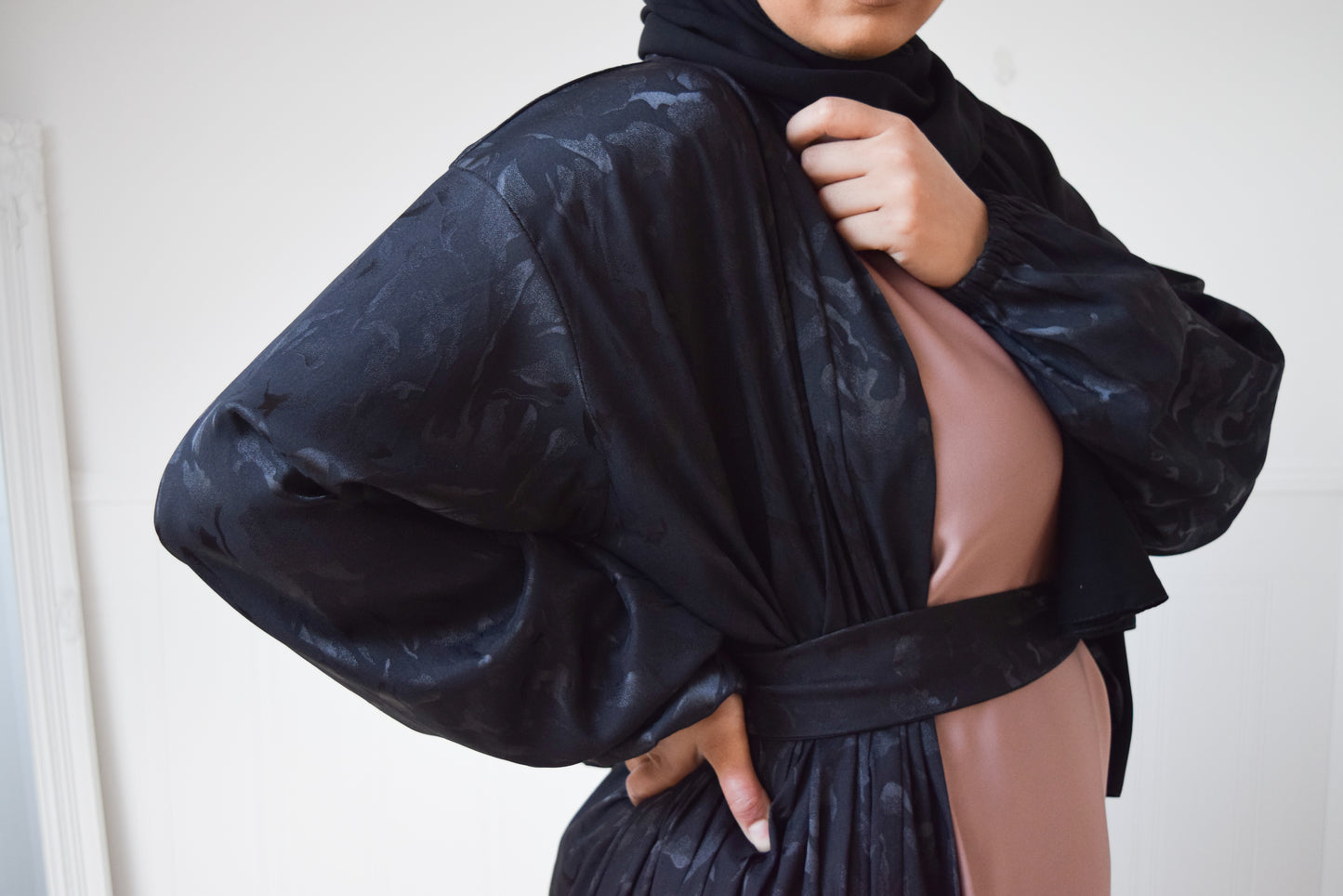 Black Jacquard Open Flare Abaya Jacket