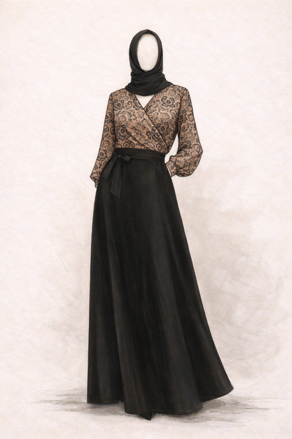 Amal flared Abaya in a Persian Printed Blouse with Black Nidha