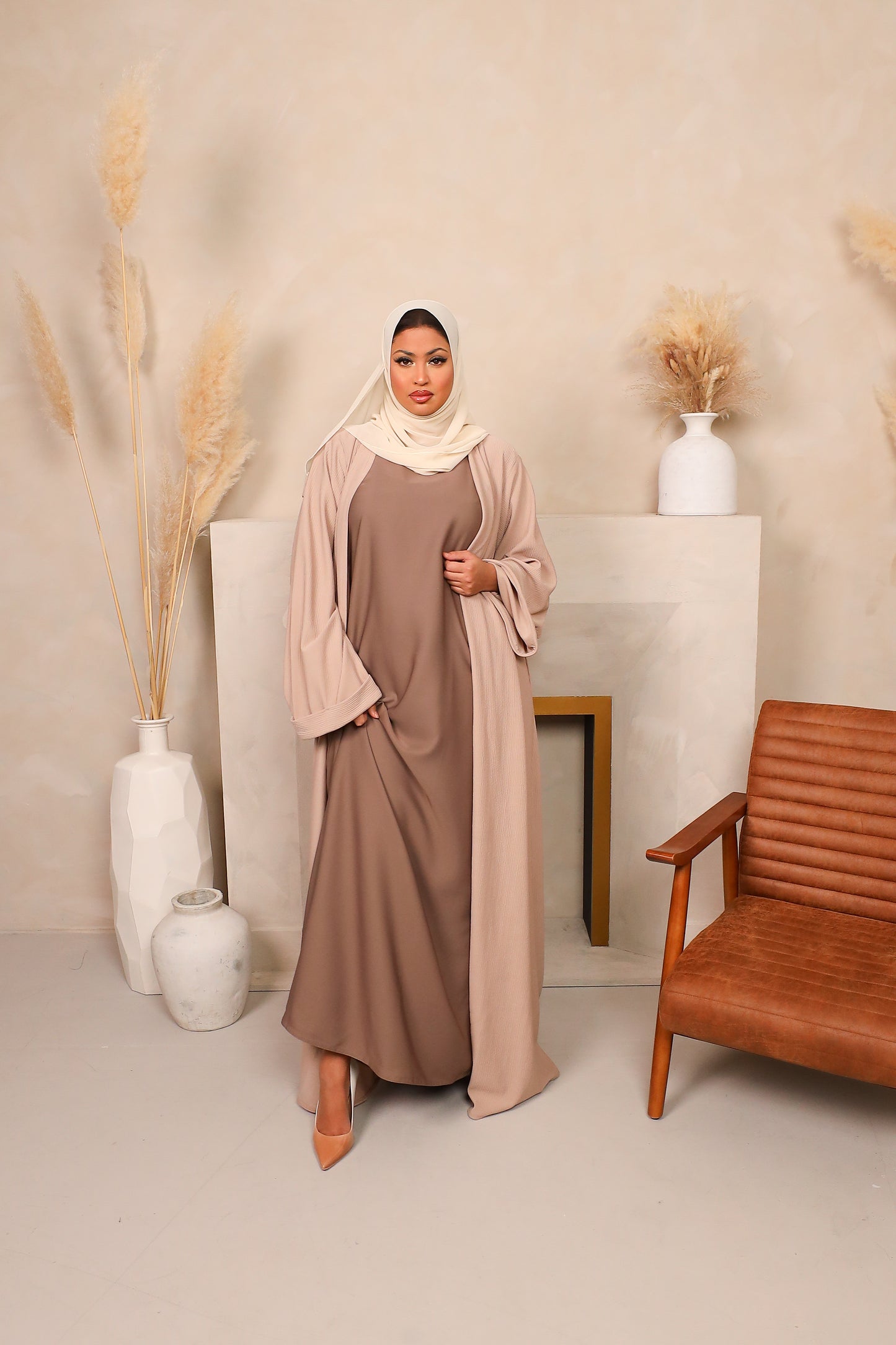 Hannah ribbed Open kimono Abaya Jacket Fawn