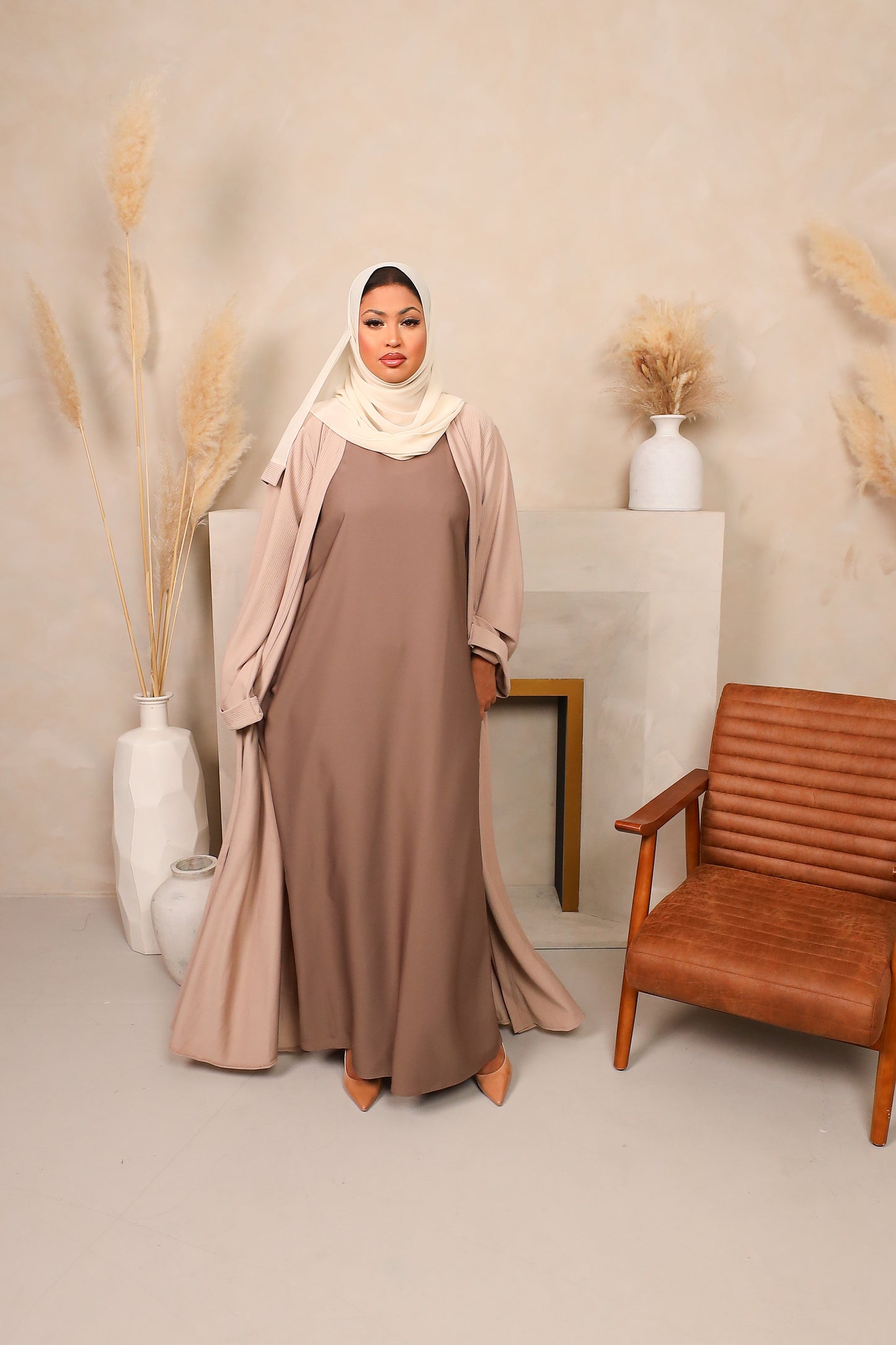 Hannah ribbed Open kimono Abaya Jacket Fawn