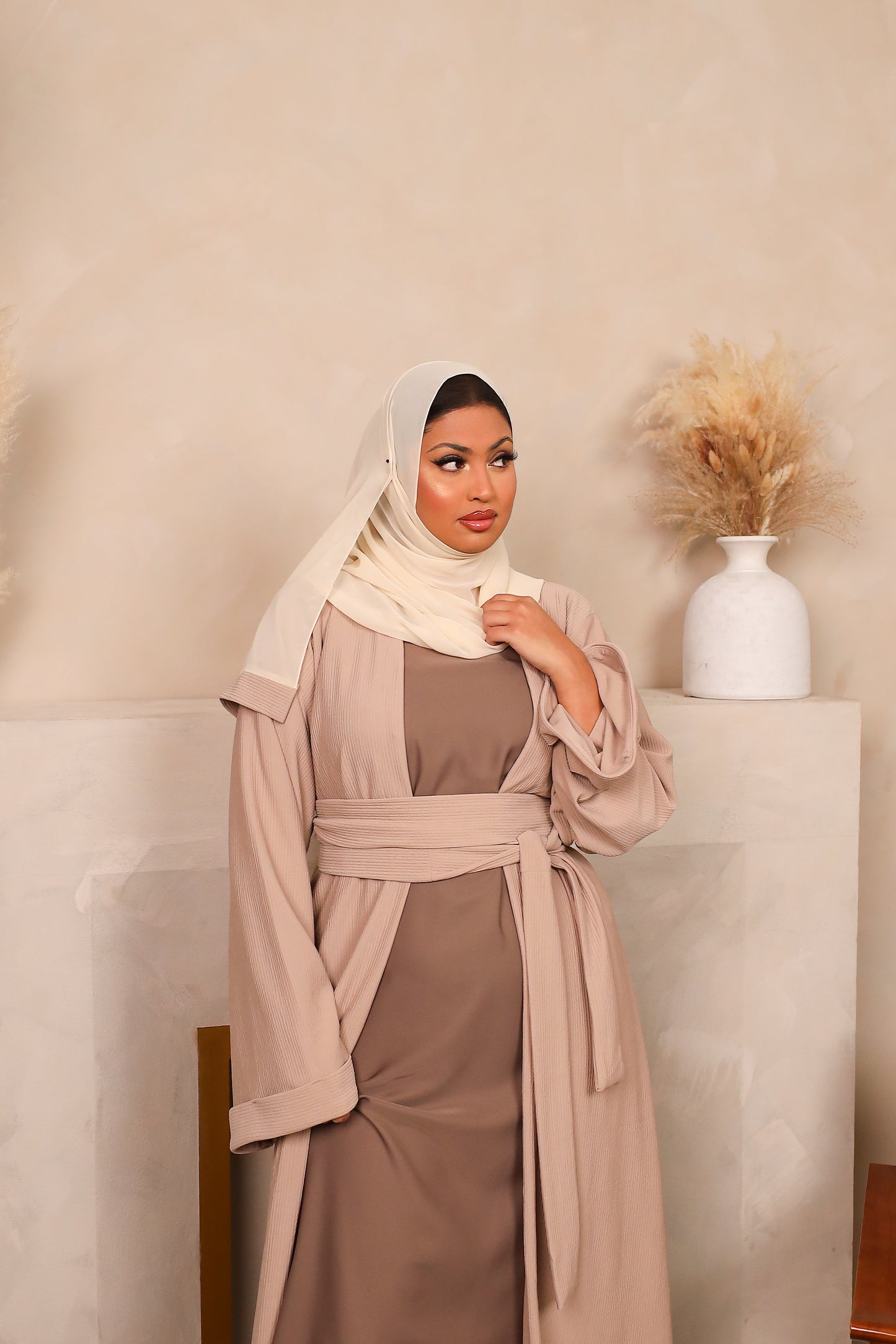 Hannah ribbed Open kimono Abaya Jacket Fawn