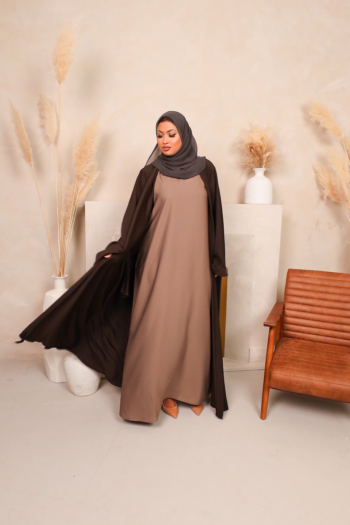 Hannah ribbed Open kimono Abaya Jacket Espresso