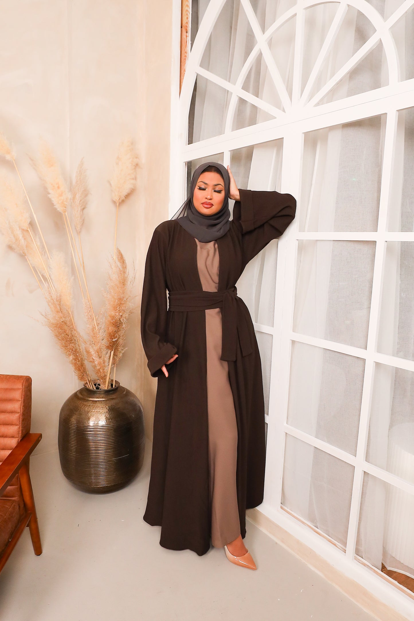 Hannah ribbed Open kimono Abaya Jacket Espresso