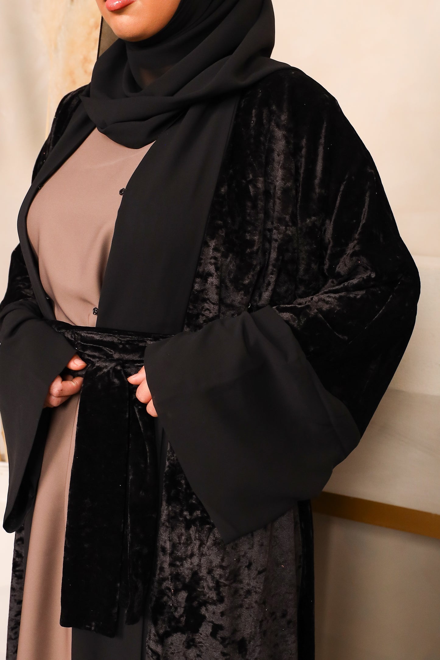 Roya Chiffon Velvet Open Flare Abaya Jacket in Black