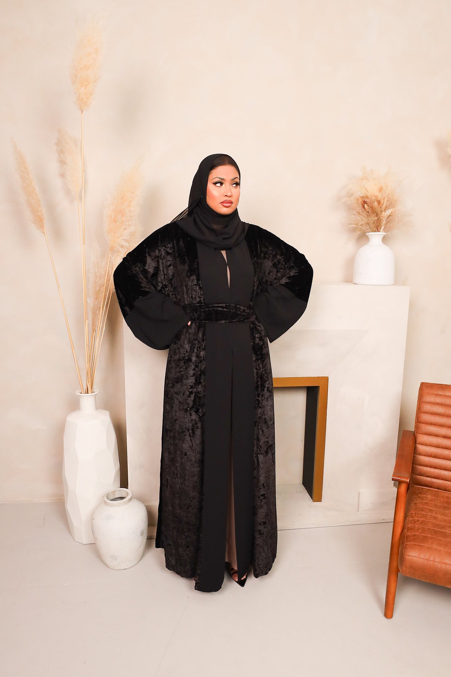 Roya Chiffon Velvet Open Flare Abaya Jacket in Black