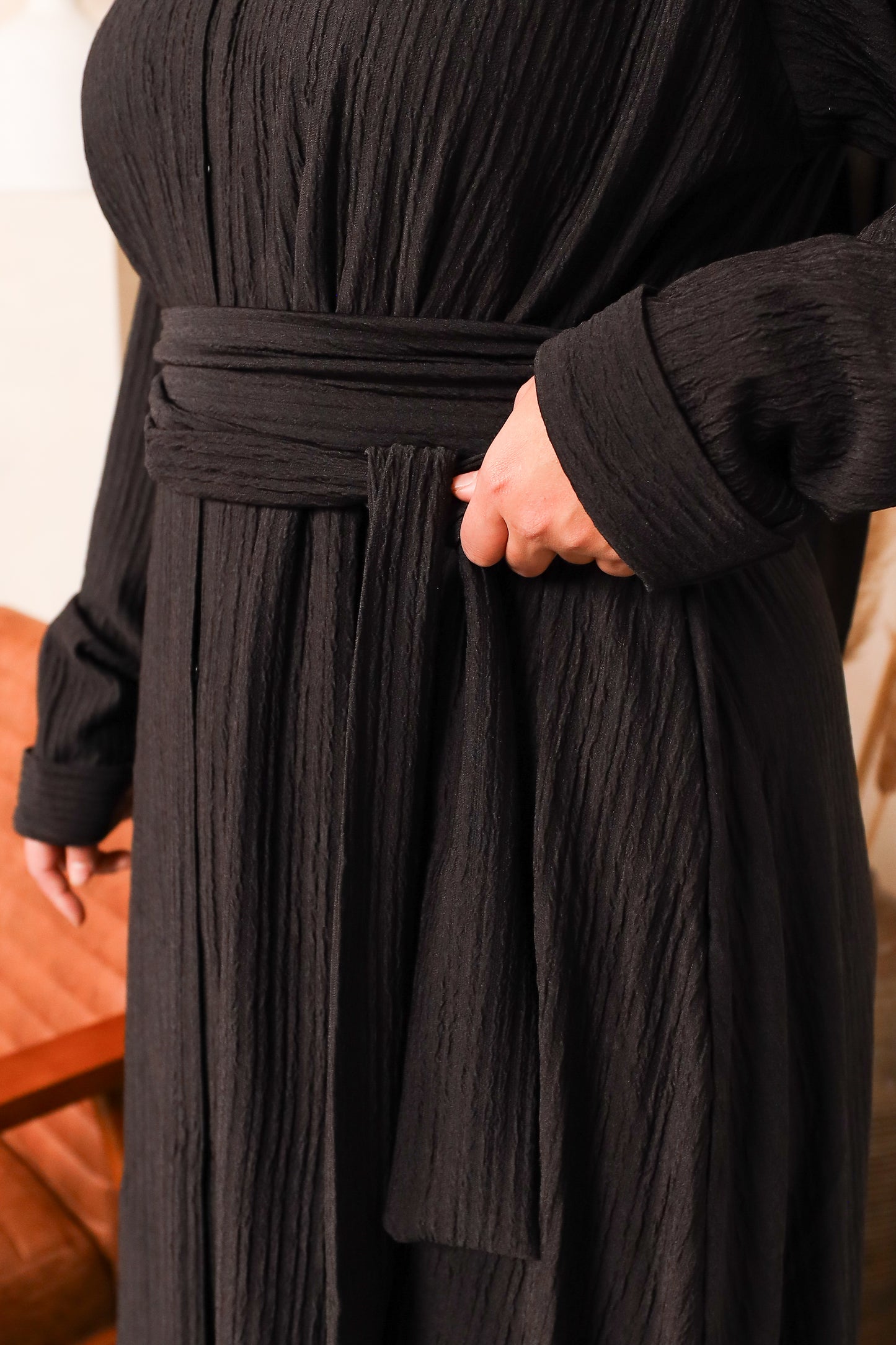 Zaiba textured Open A-line Abaya Jacket in Black
