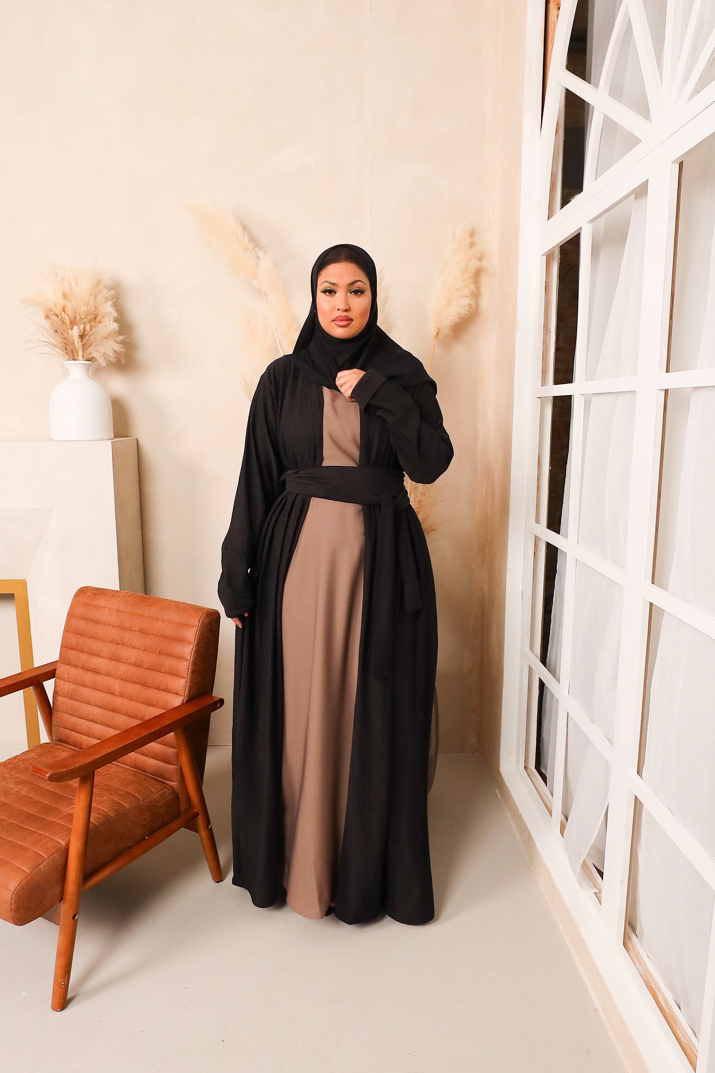 Zaiba textured Open A-line Abaya Jacket in Black