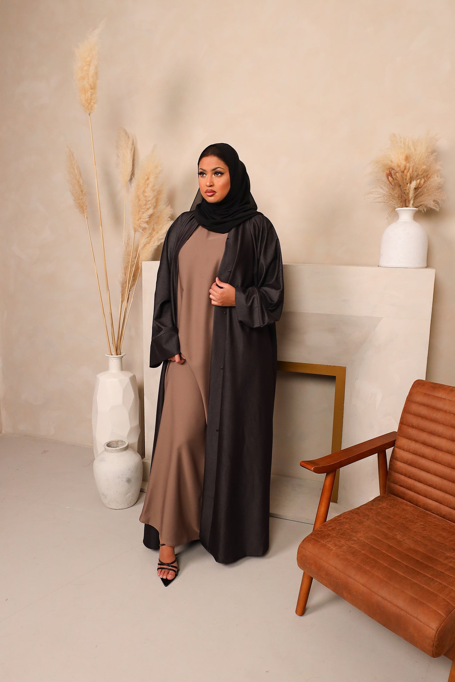 Denim Open Flare Abaya Jacket in Midnight Grey