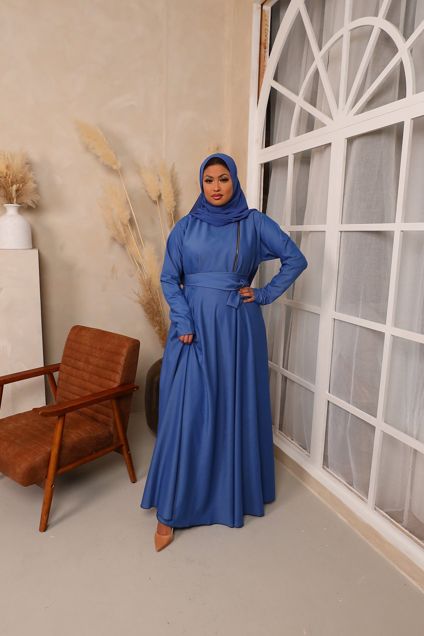 Denim Blue Habiba zip flare maxi abaya