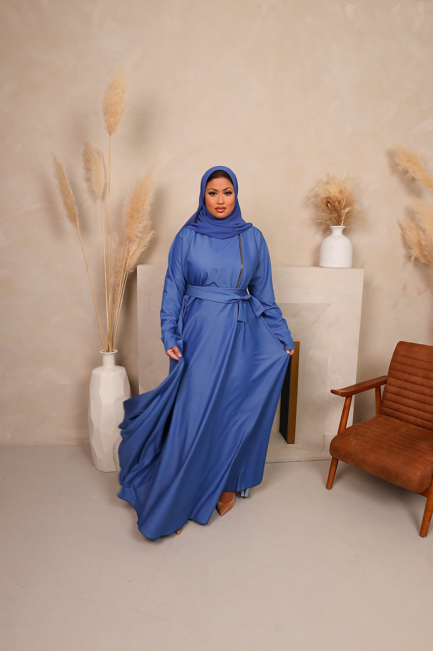 Denim Blue Habiba zip flare maxi abaya