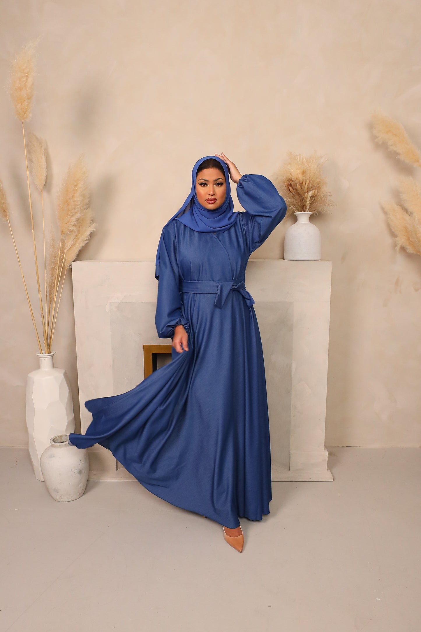 Denim Blue Amal wrap flare maxi Abaya