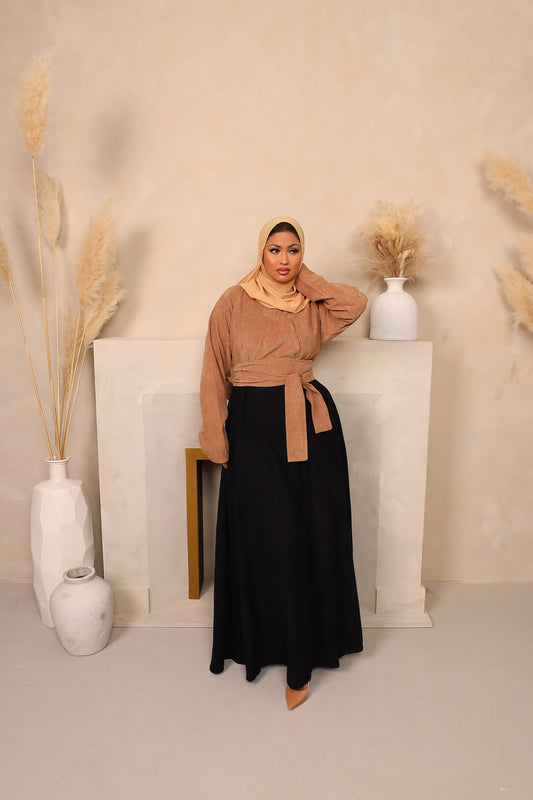 Winter Amal Aline Corduroy Abaya Beige & Black