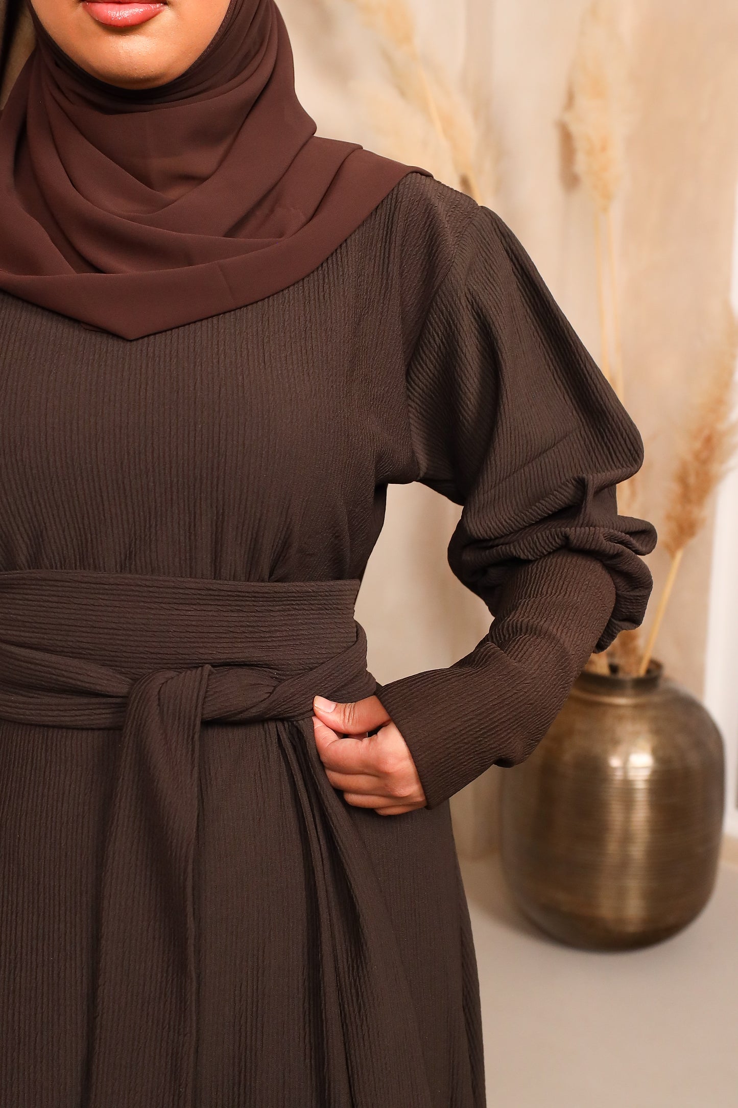 Ava Puff Sleeve textured Knit Abaya Dress in Chocolate Brown