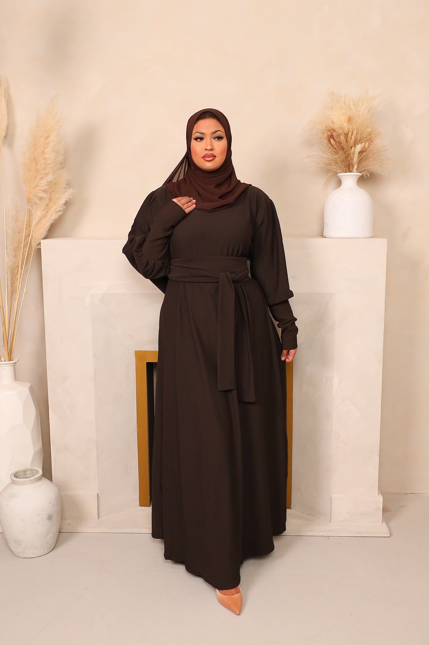 Ava Puff Sleeve textured Knit Abaya Dress in Chocolate Brown