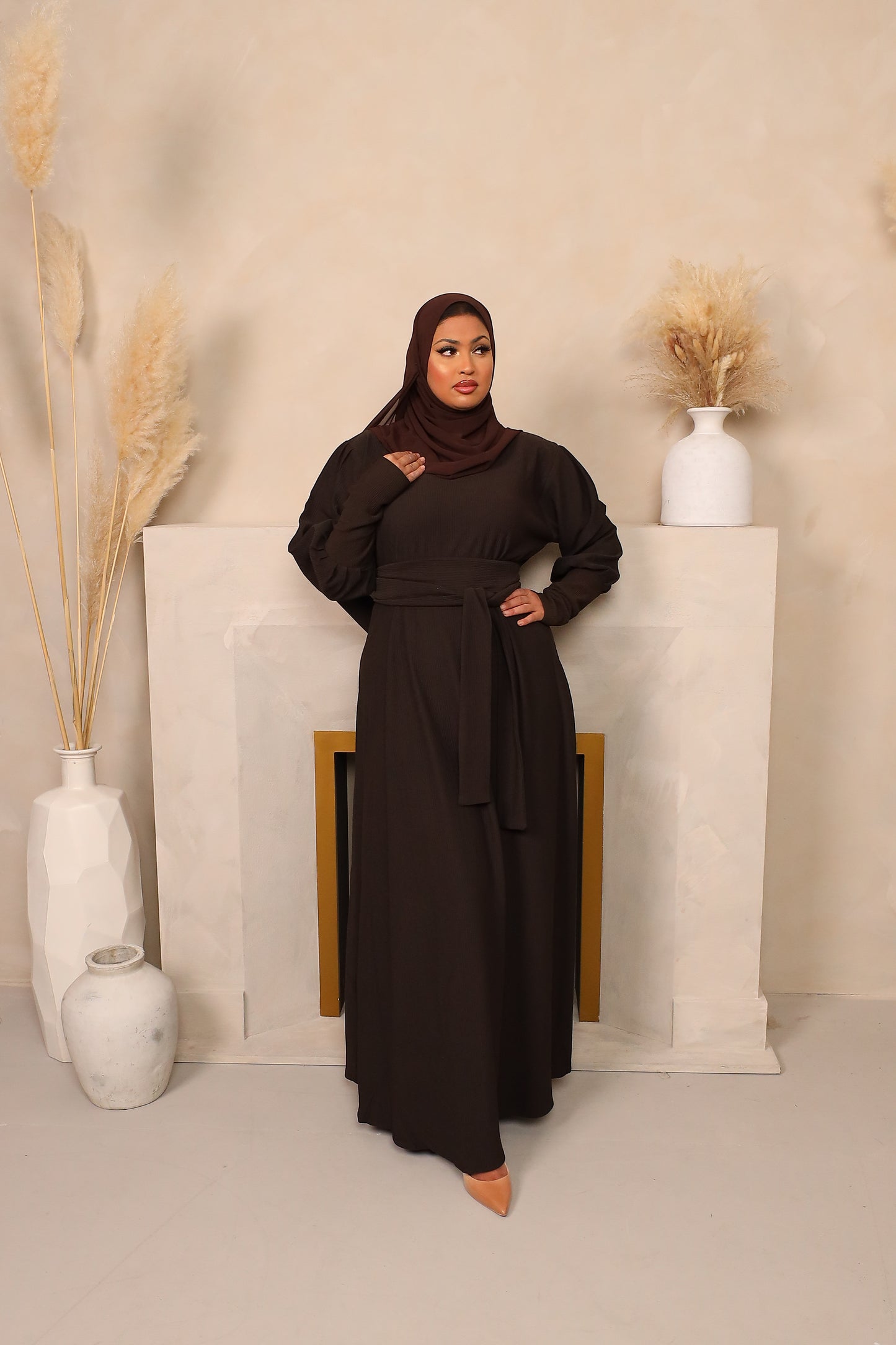 Ava Puff Sleeve textured Knit Abaya Dress in Chocolate Brown