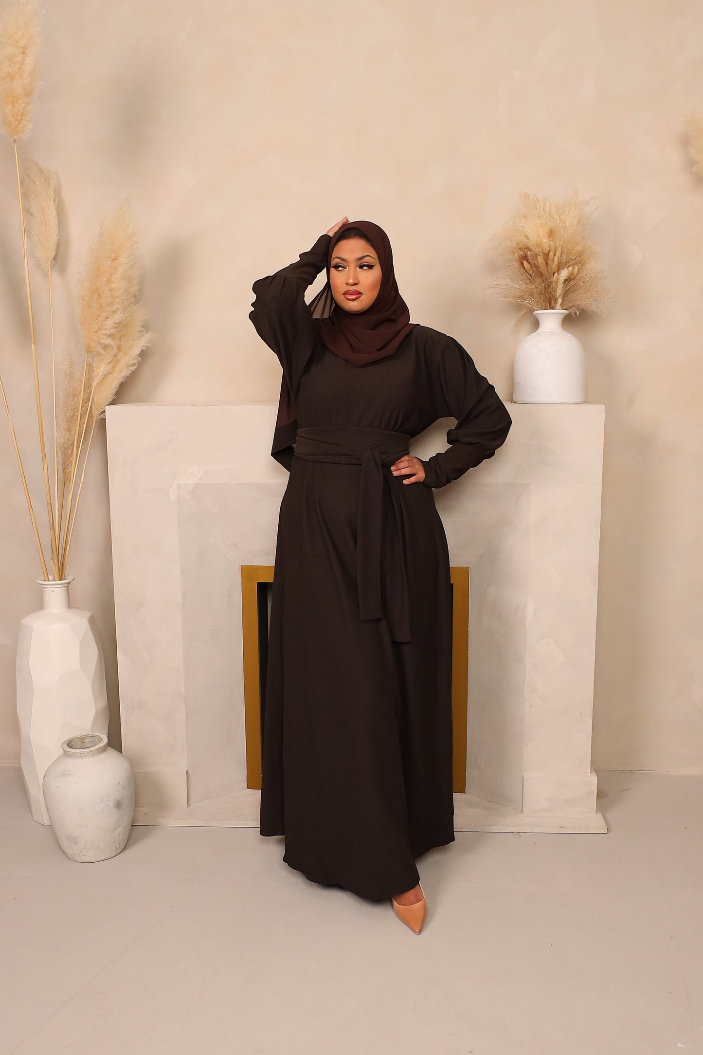 Ava Puff Sleeve textured Knit Abaya Dress in Chocolate Brown