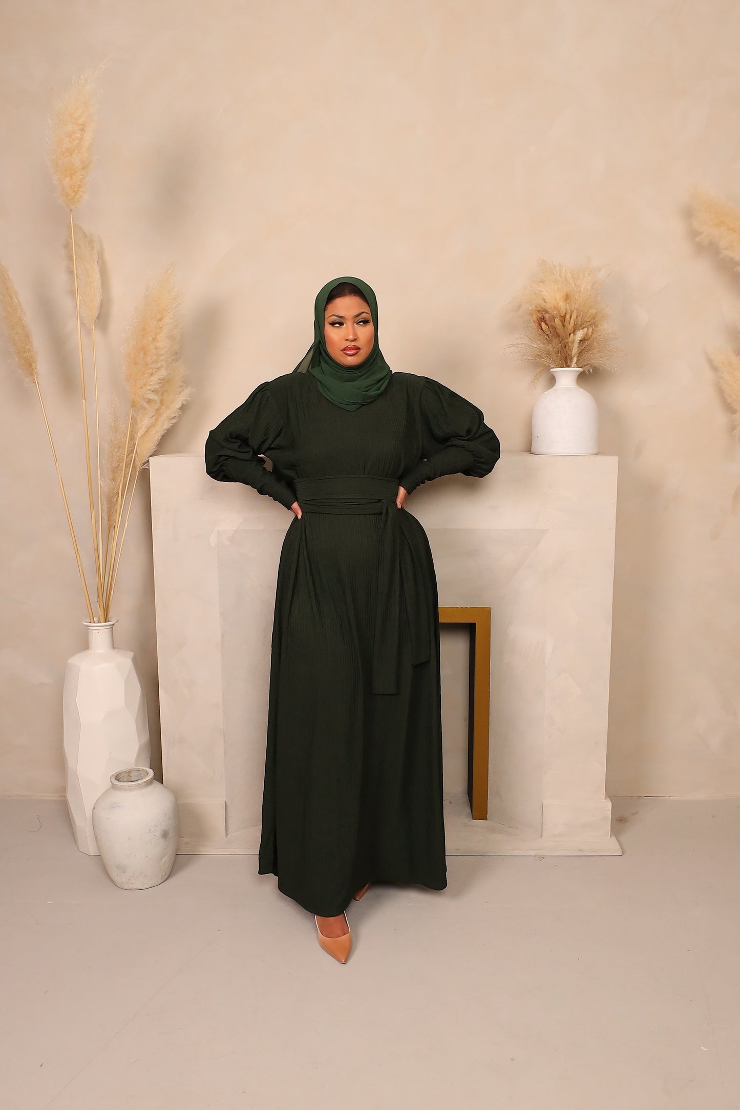 Ava Puff Sleeve textured Knit Abaya Dress in Forest Green