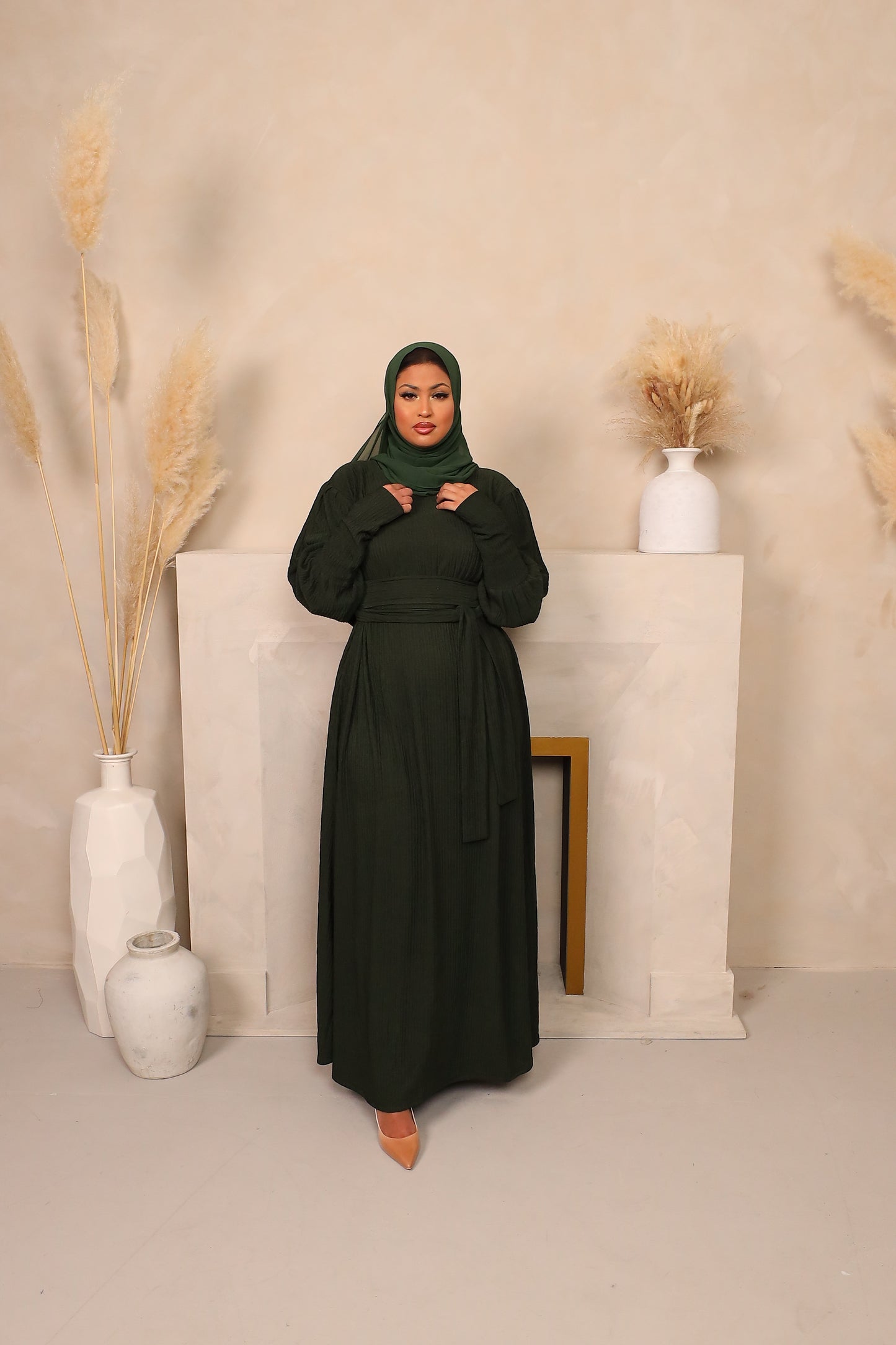 Ava Puff Sleeve textured Knit Abaya Dress in Forest Green