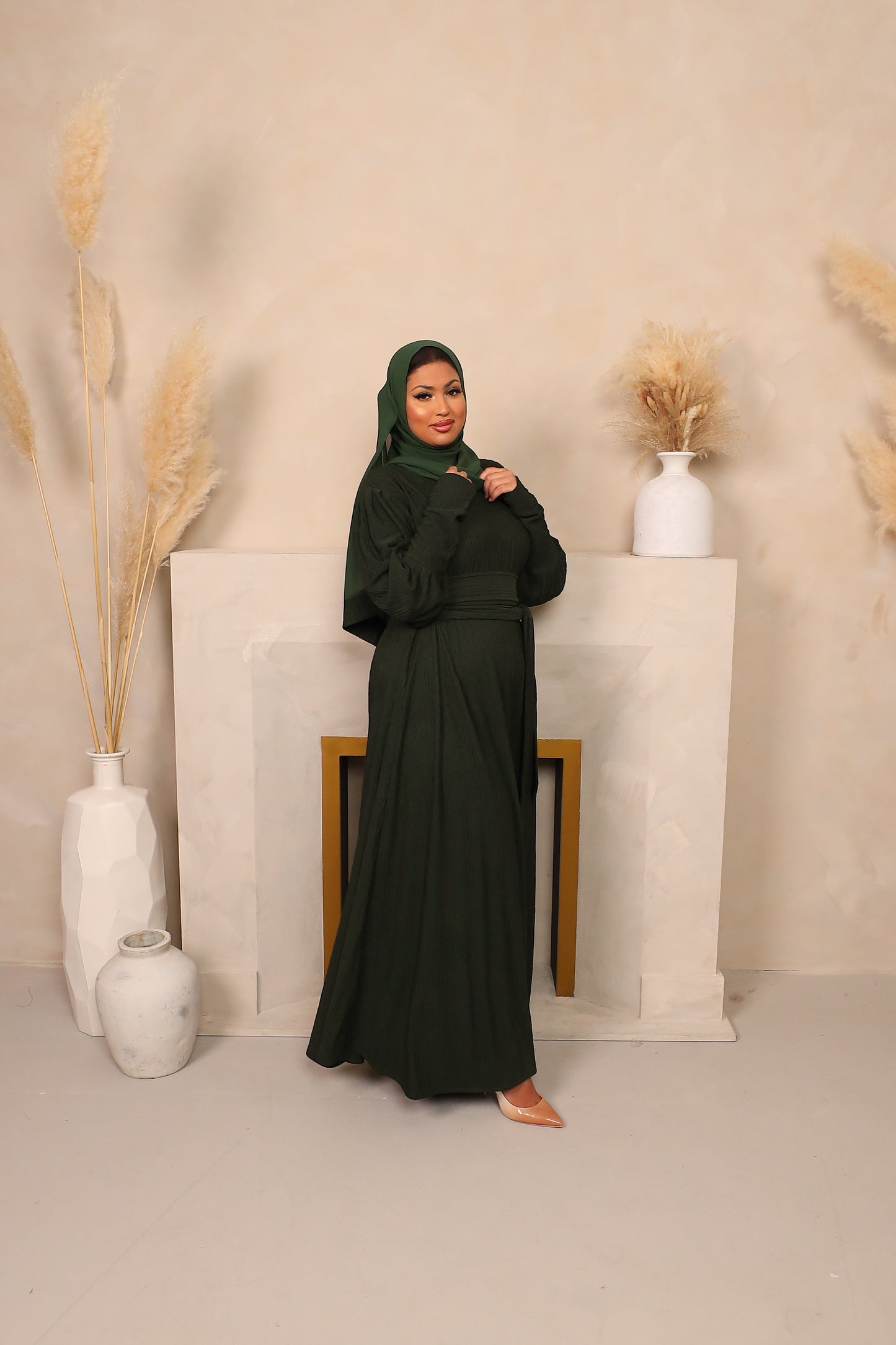 Ava Puff Sleeve textured Knit Abaya Dress in Forest Green
