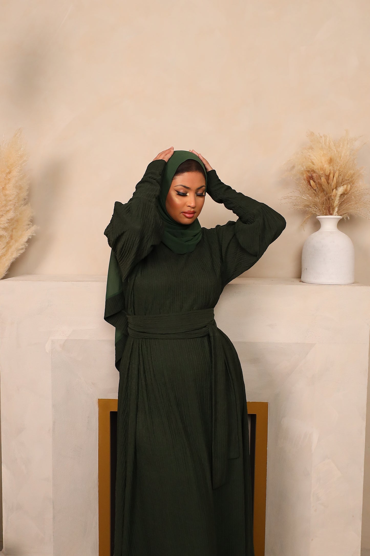 Ava Puff Sleeve textured Knit Abaya Dress in Forest Green